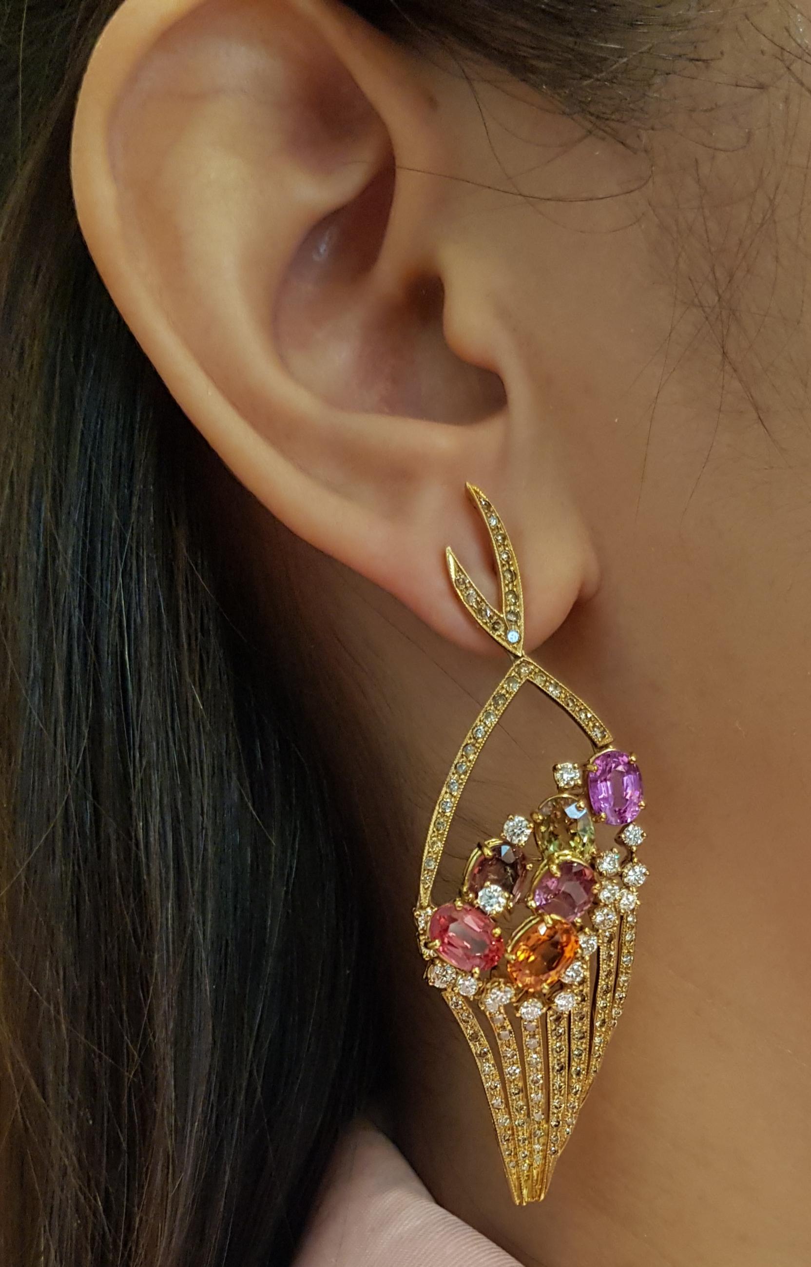 Rainbow Color Sapphire 14.51 carats, Brown Diamond 1.83 carats and Diamond 1.45 carats Earrings set in 18 Karat Gold Settings

Width:  2.3 cm 
Length:  7.0 cm
Total Weight: 20.95 grams

