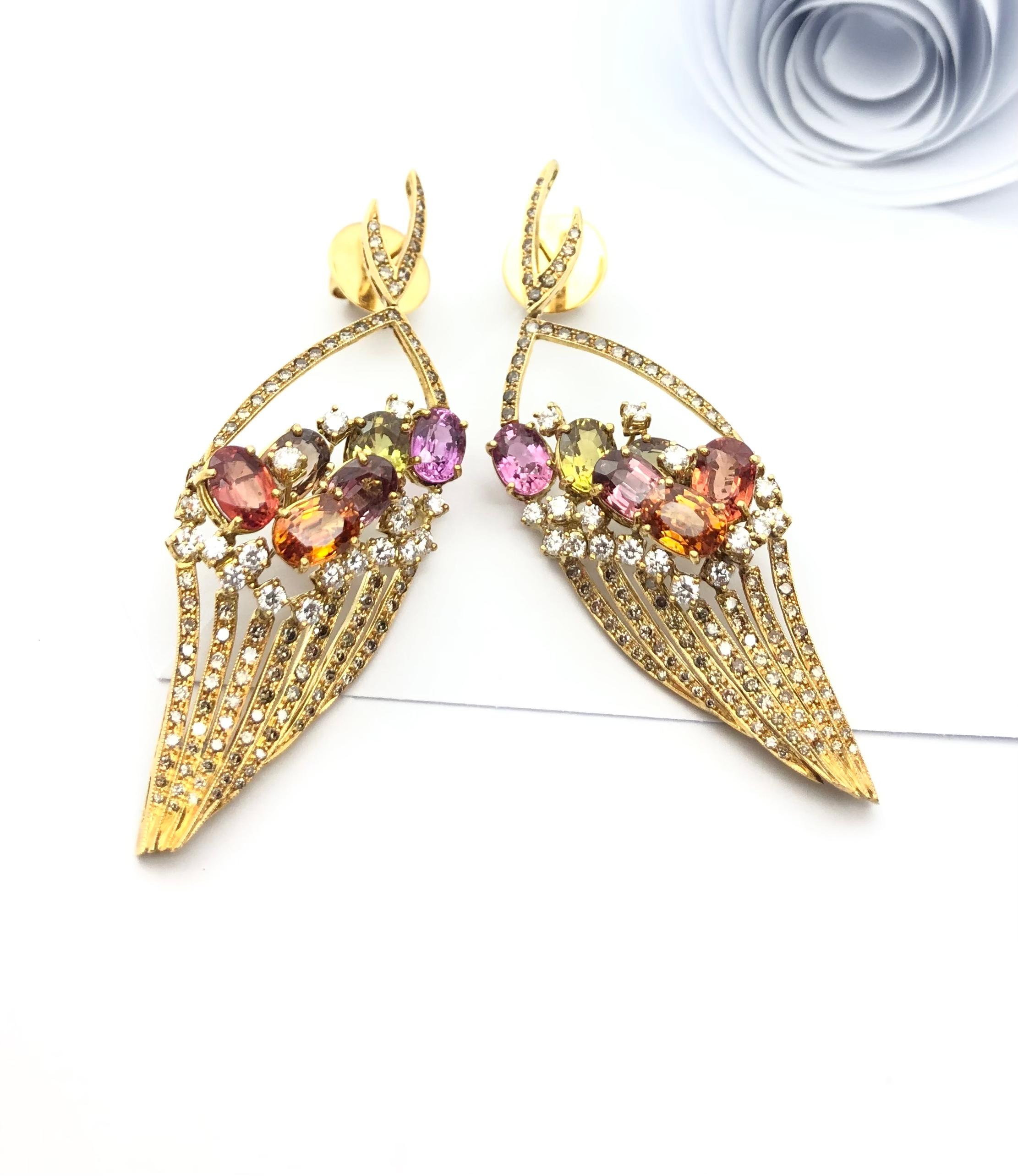 Contemporary Rainbow Color Sapphire, Brown Diamond and Diamond Earrings Set in 18 Karat Gold For Sale