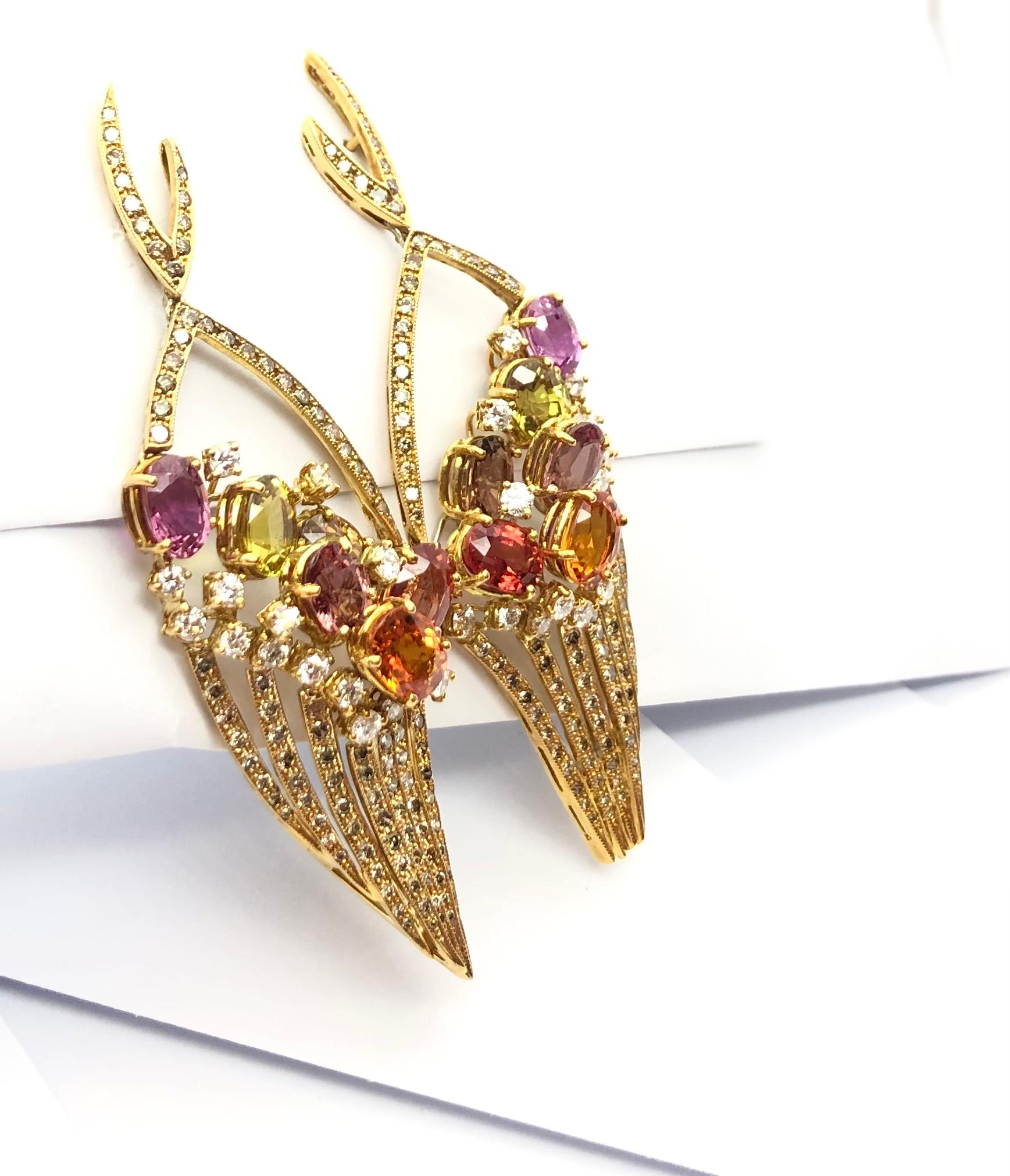 Mixed Cut Rainbow Color Sapphire, Brown Diamond and Diamond Earrings Set in 18 Karat Gold For Sale