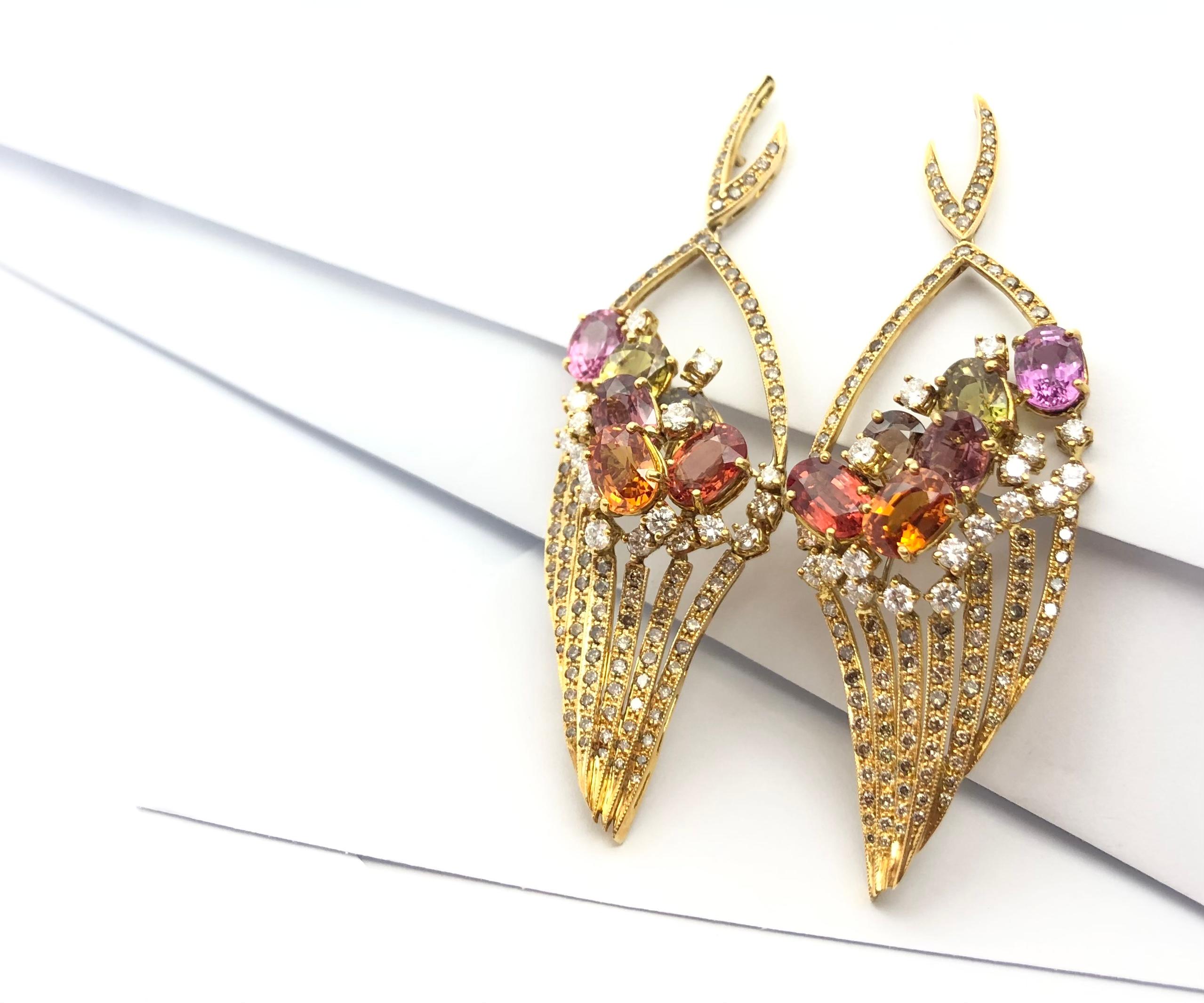 Women's Rainbow Color Sapphire, Brown Diamond and Diamond Earrings Set in 18 Karat Gold For Sale