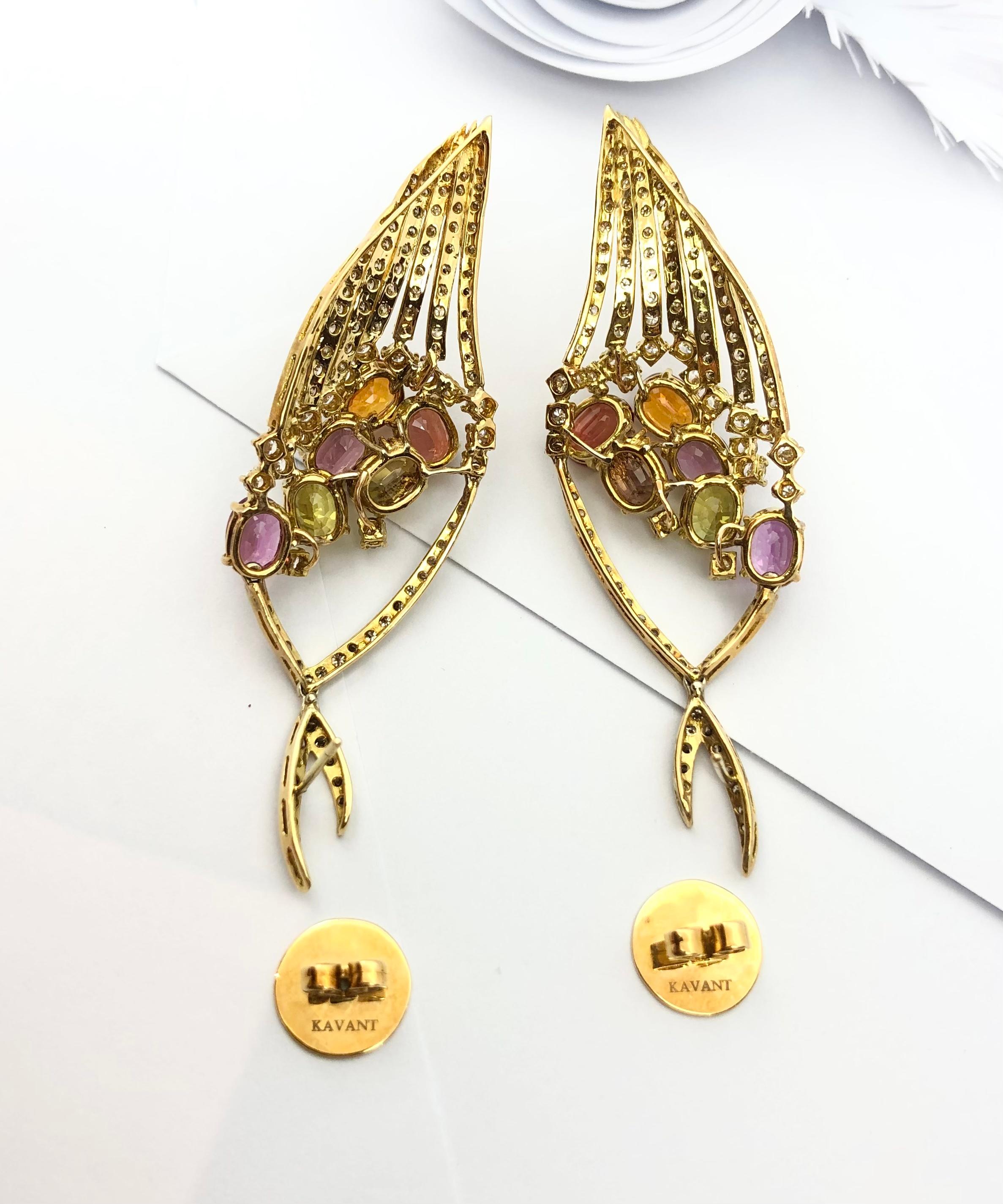 Rainbow Color Sapphire, Brown Diamond and Diamond Earrings Set in 18 Karat Gold For Sale 1