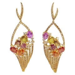 Rainbow Color Sapphire, Brown Diamond and Diamond Earrings Set in 18 Karat Gold 