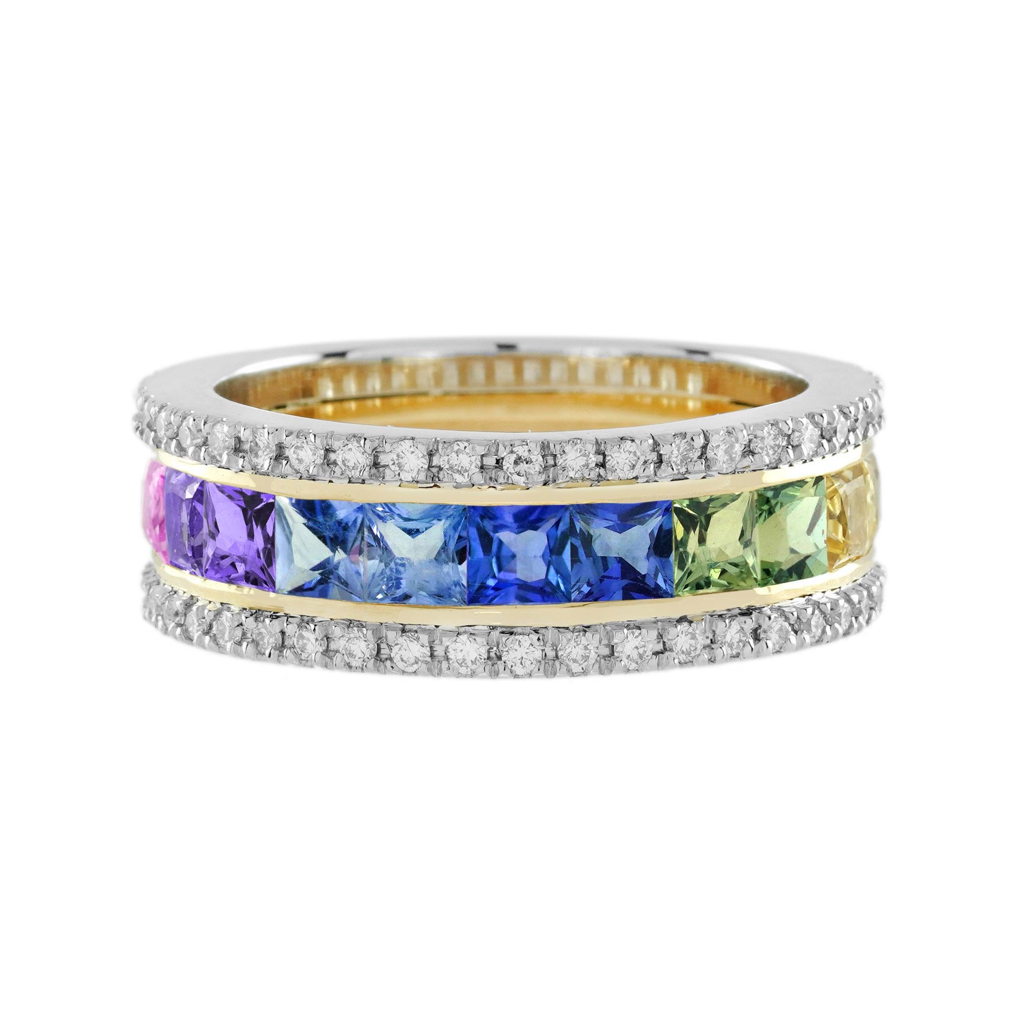 Entdecken Sie unsere neue Kollektion 'be elegance over the rainbow' und feiern Sie das Leben, das voller Farben ist!
Dieser schöne Gelbgold-Kleiderring ist ein halbes Ewigkeitsdesign. Mit fünfzehn quadratisch geschliffenen, regenbogenfarbenen