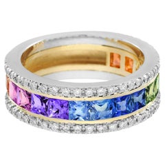 Regenbogen Farbe Saphir & Diamant Klassische Hälfte Ewigkeit Breite Band Gold Ring