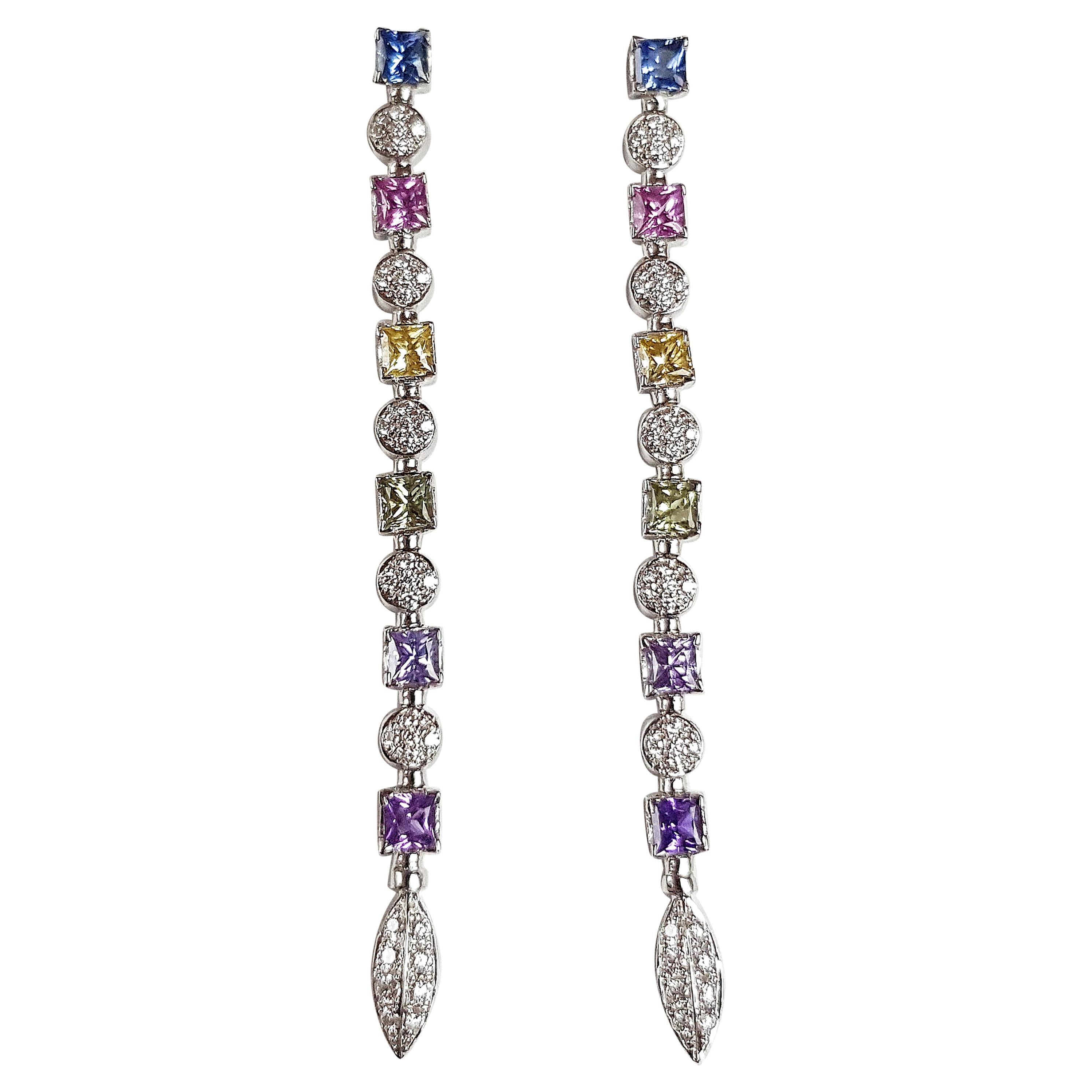 Rainbow Color Sapphire with Diamond Earrings Set in 18 Karat White Gold Setting For Sale