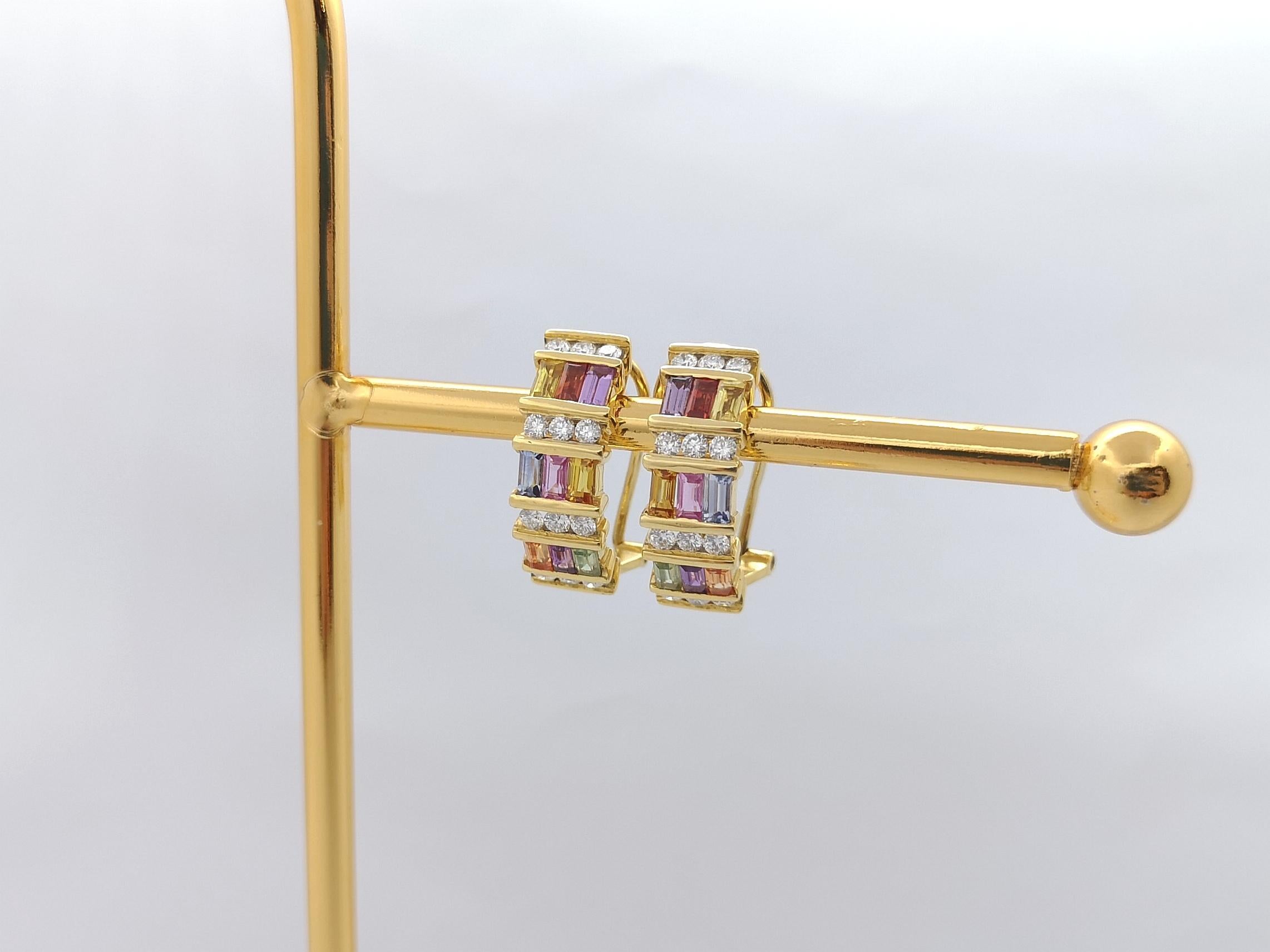 Baguette Cut Rainbow Color Sapphire with Diamond Earrings set in 18K Gold Setting For Sale