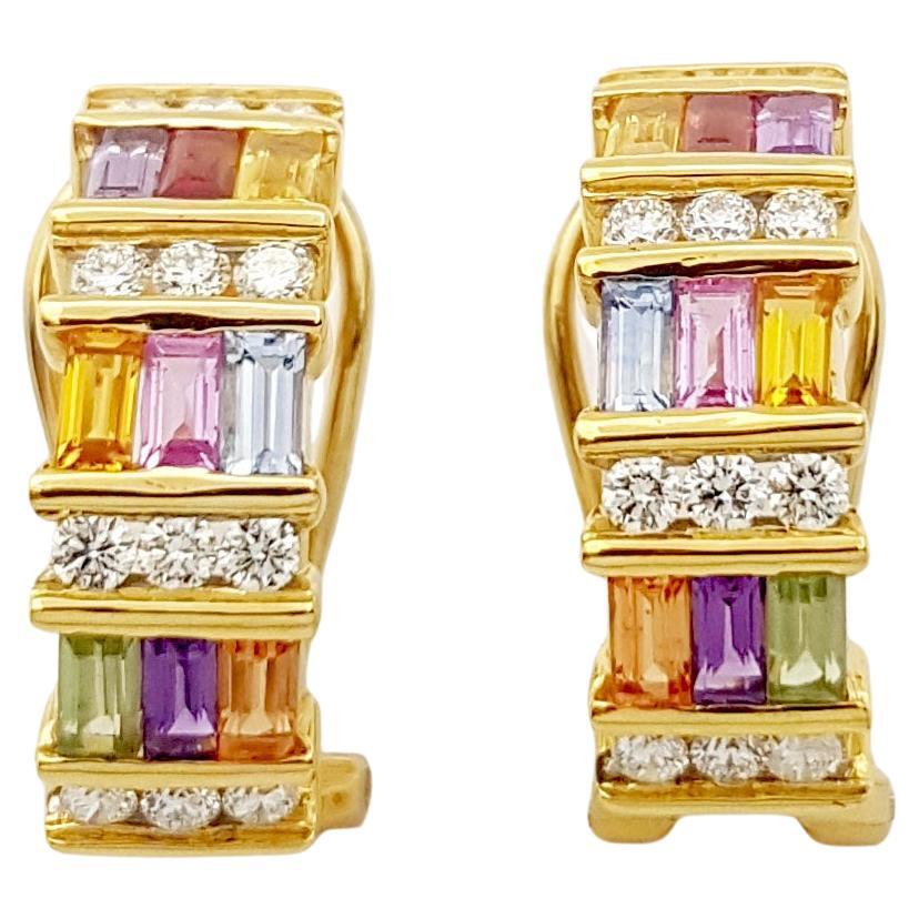 Rainbow Color Sapphire with Diamond Earrings set in 18K Gold Setting For Sale