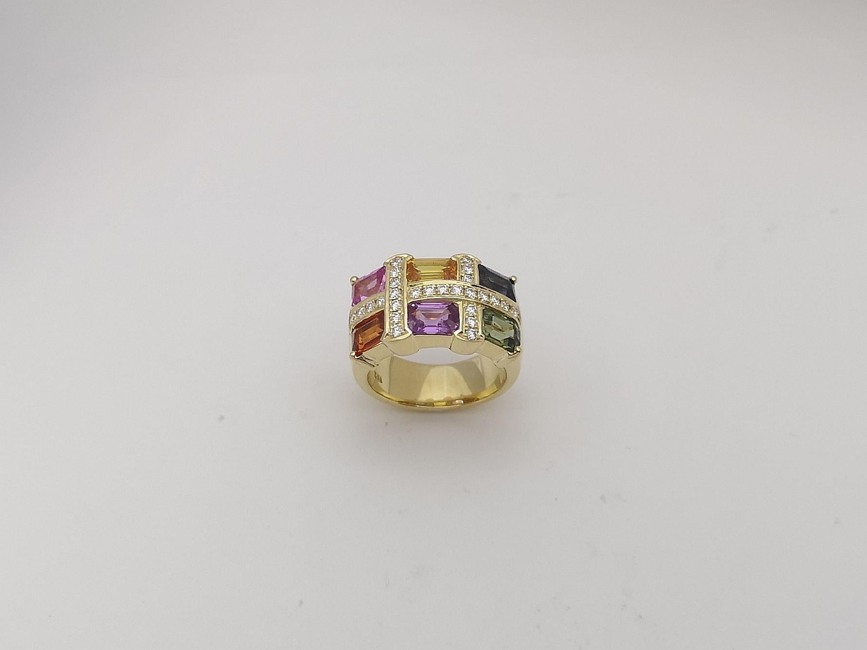 Anello con zaffiro color arcobaleno e diamanti incastonati in oro 18 carati in vendita 9