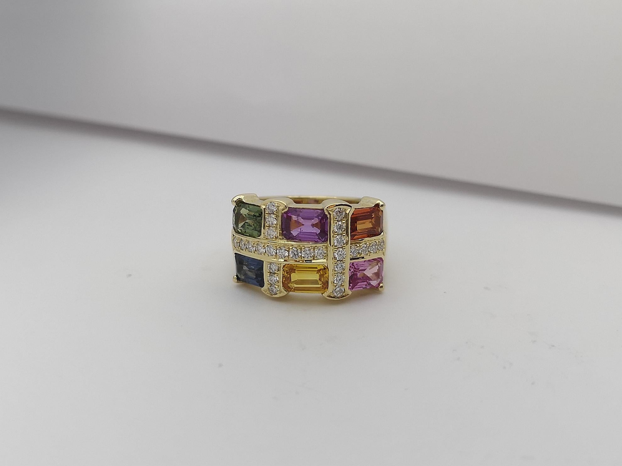 Anello con zaffiro color arcobaleno e diamanti incastonati in oro 18 carati in vendita 3