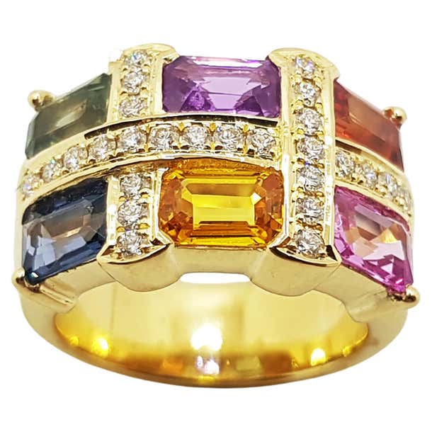 Rainbow Color Sapphire with Diamond Ring Set in 18 Karat Gold Settings ...