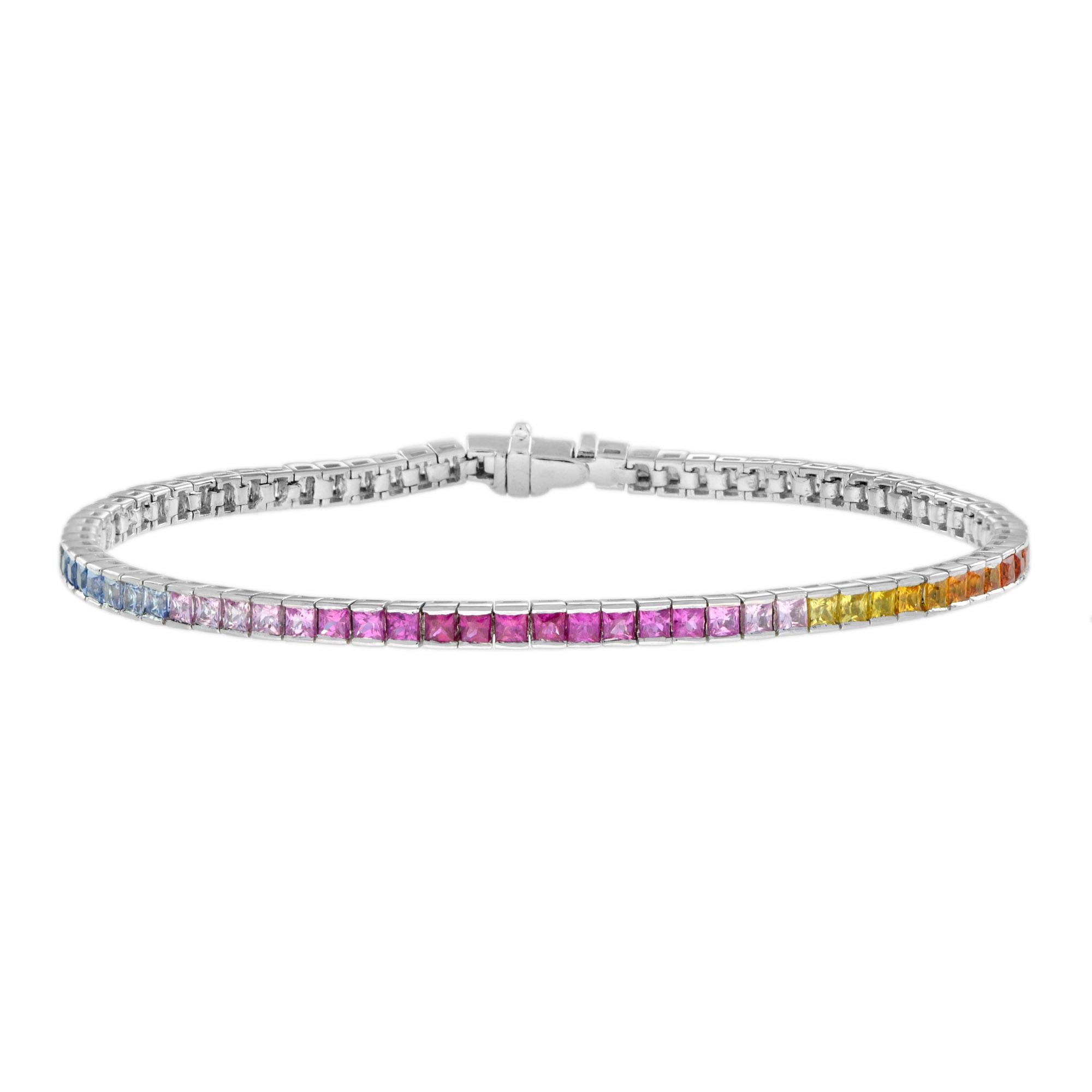Taille baguette Rainbow Color Sapphires 18K White Gold Eternity Band Ring & Tennis Bracelet Set en vente