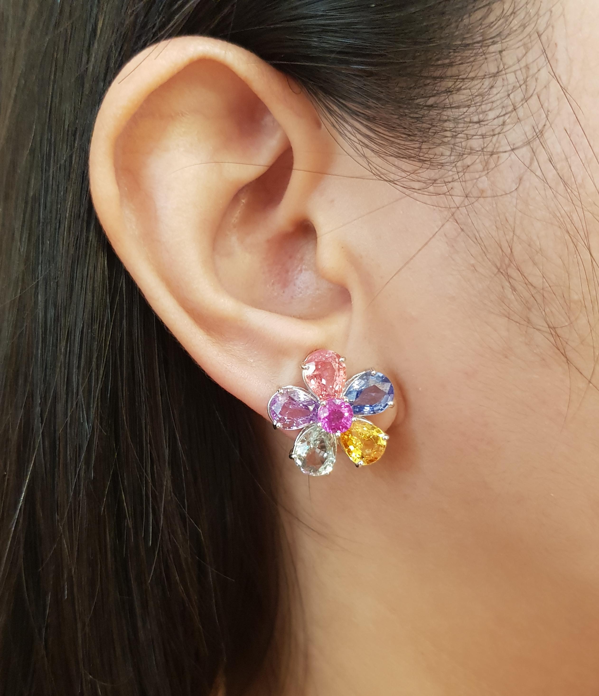 Rainbow Color Sapphires 13.28 carats with Pink Sapphire 1.69 carats Earrings set in 18K White Gold Settings

Width: 1.8 cm 
Length: 1.8 cm
Total Weight: 10.19 grams

