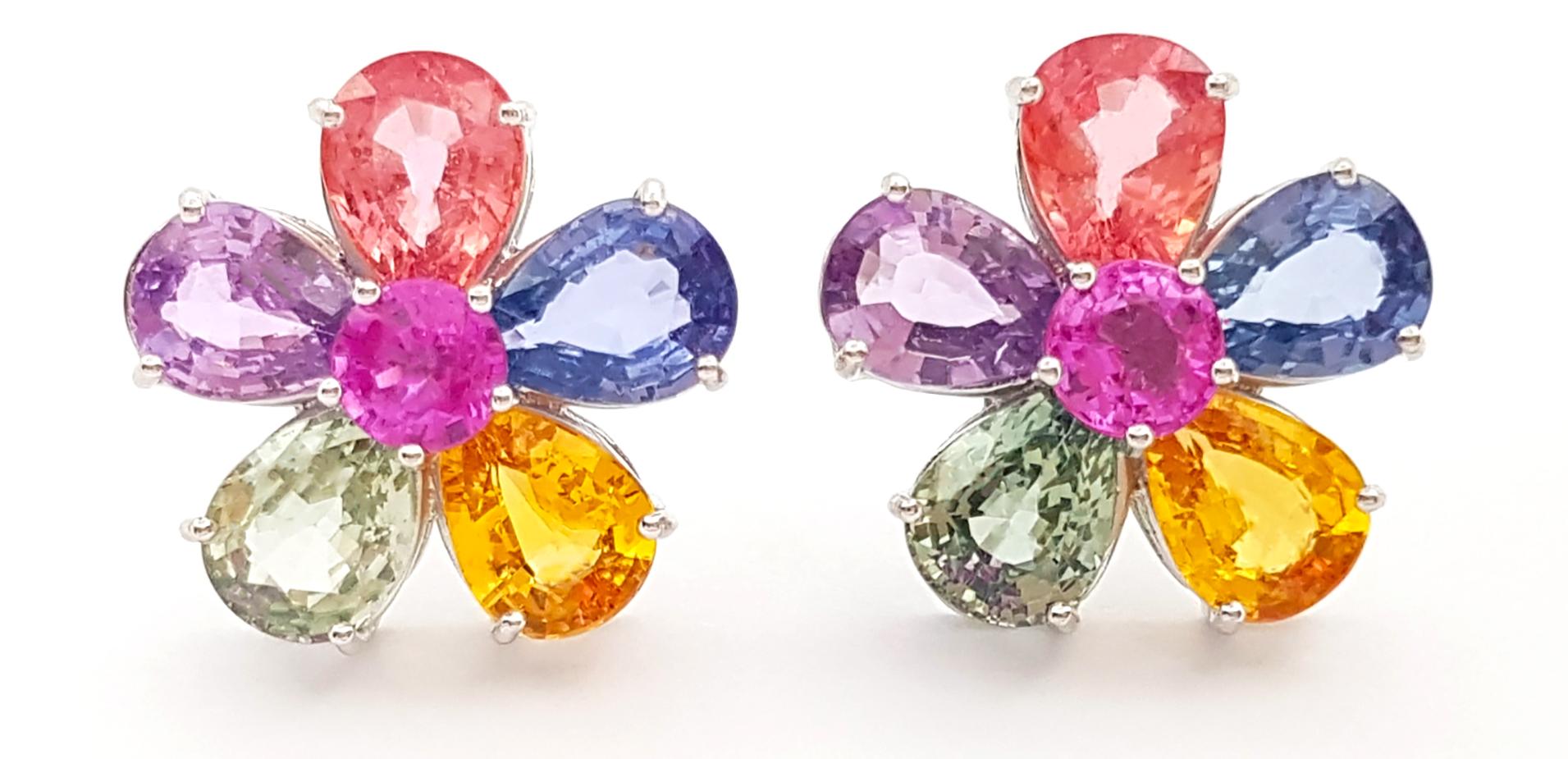 Contemporary Rainbow Color Sapphires with Pink Sapphire Earrings set in 18K White Gold For Sale