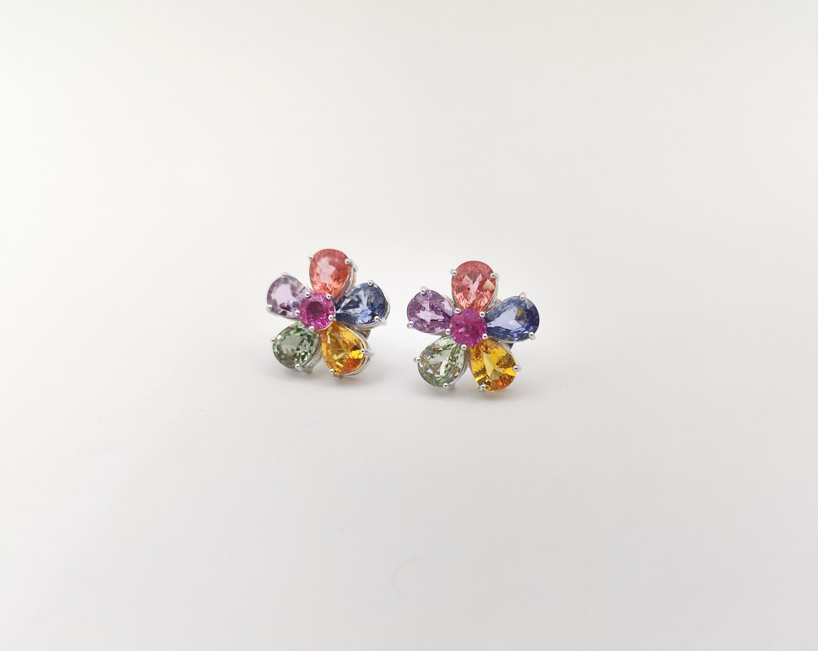 Mixed Cut Rainbow Color Sapphires with Pink Sapphire Earrings set in 18K White Gold For Sale