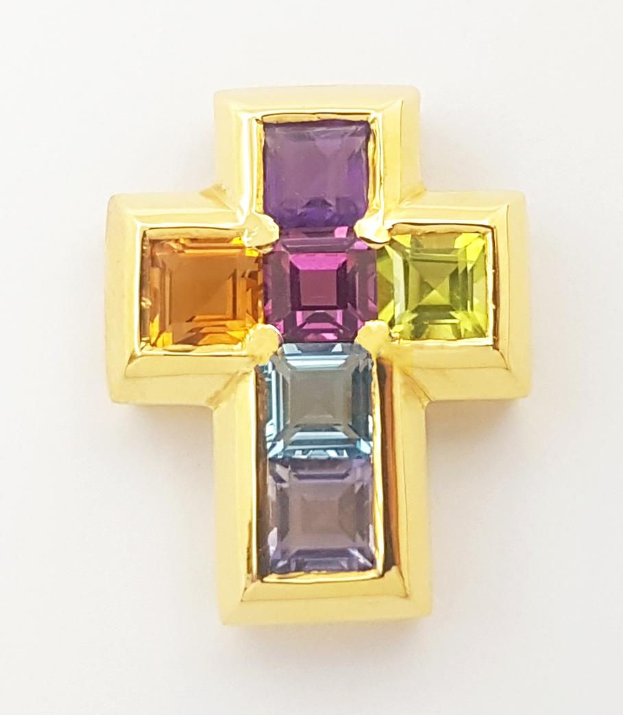 Contemporary Rainbow Color Semi- Precious Stone Cross Pendant set in 14K Gold Settings For Sale