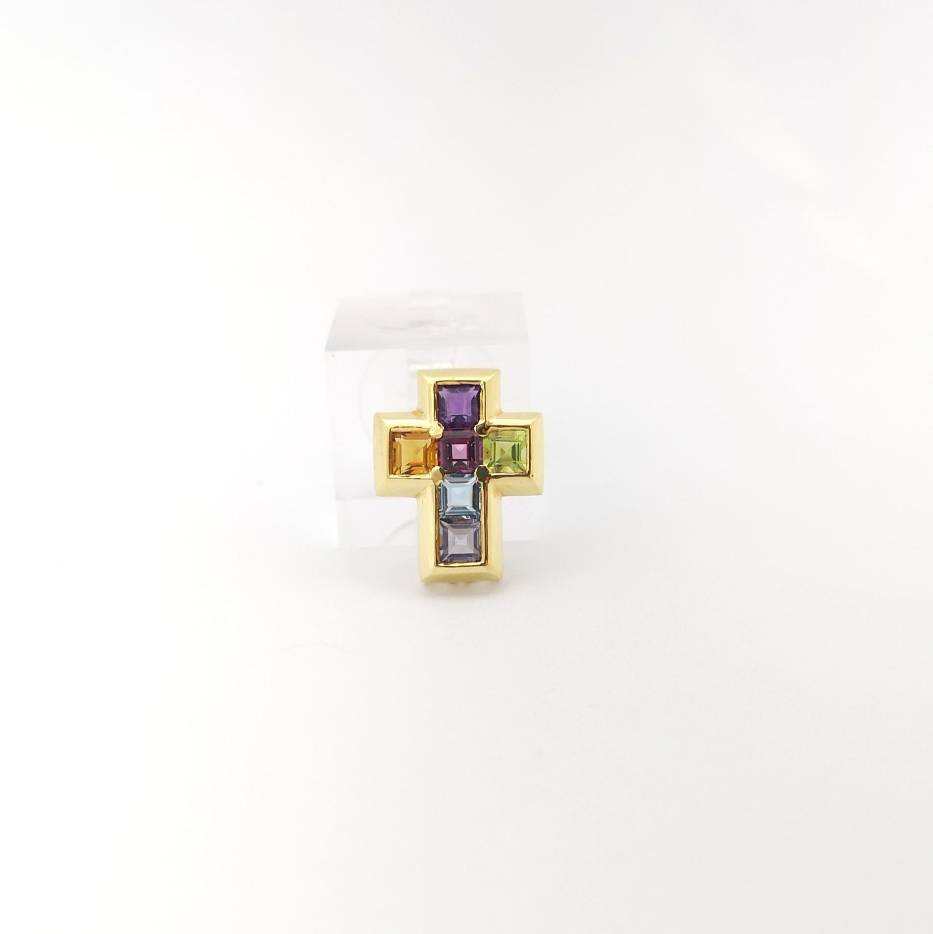 Princess Cut Rainbow Color Semi- Precious Stone Cross Pendant set in 14K Gold Settings For Sale