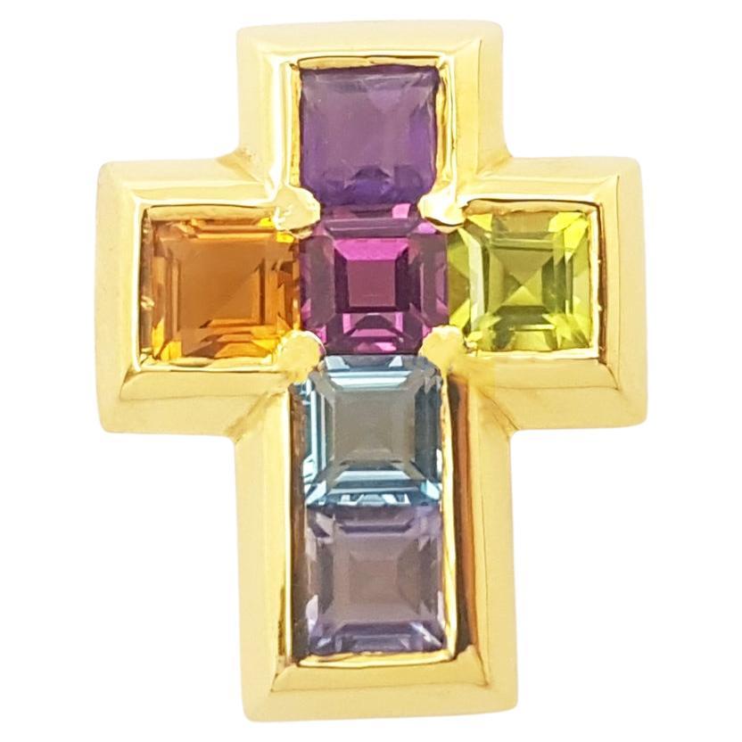 Rainbow Color Semi- Precious Stone Cross Pendant set in 14K Gold Settings For Sale