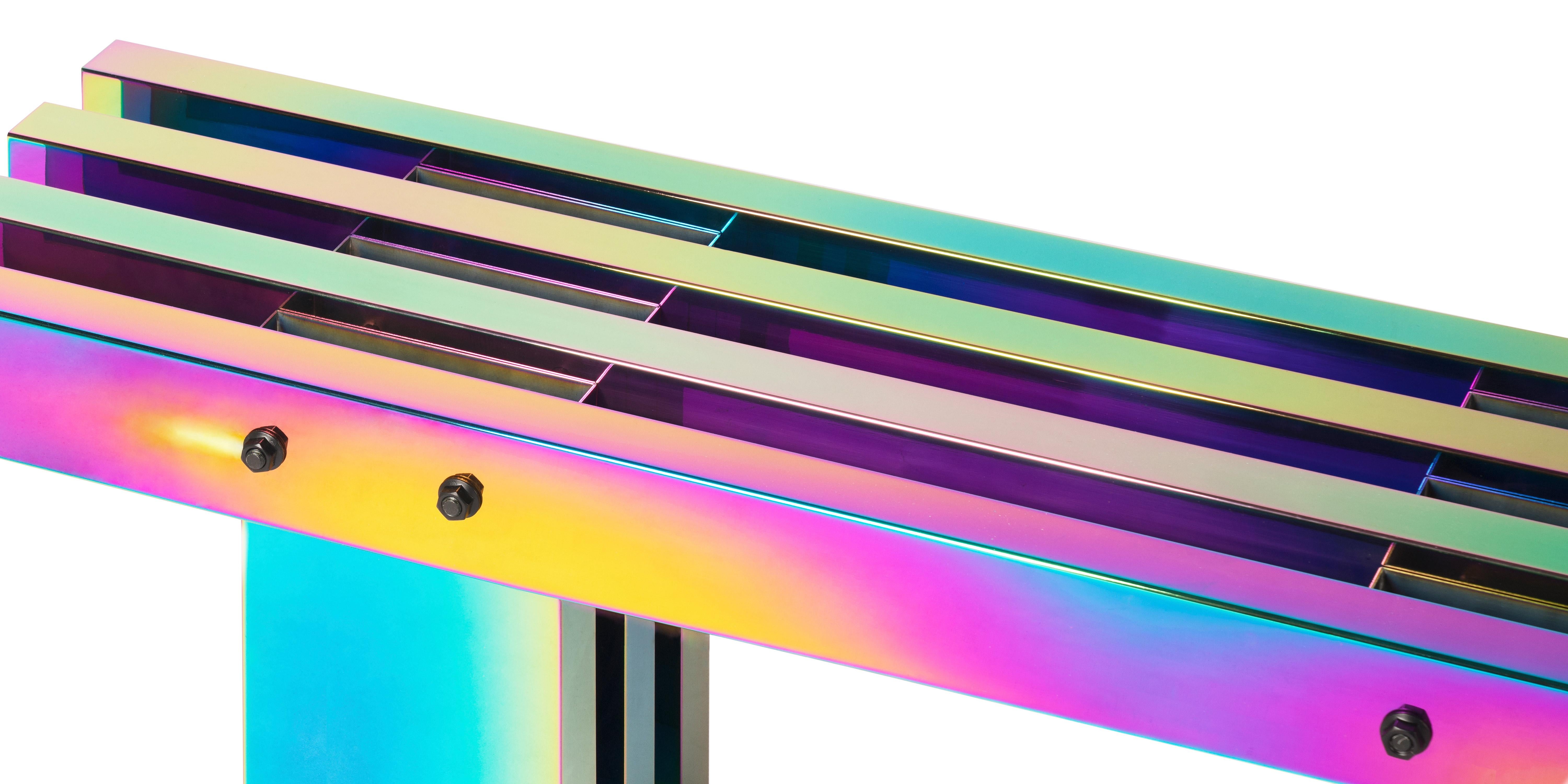 Chinese Rainbow Color Stainless Steel HOT Bench Medium Length by Studio Buzao For Sale