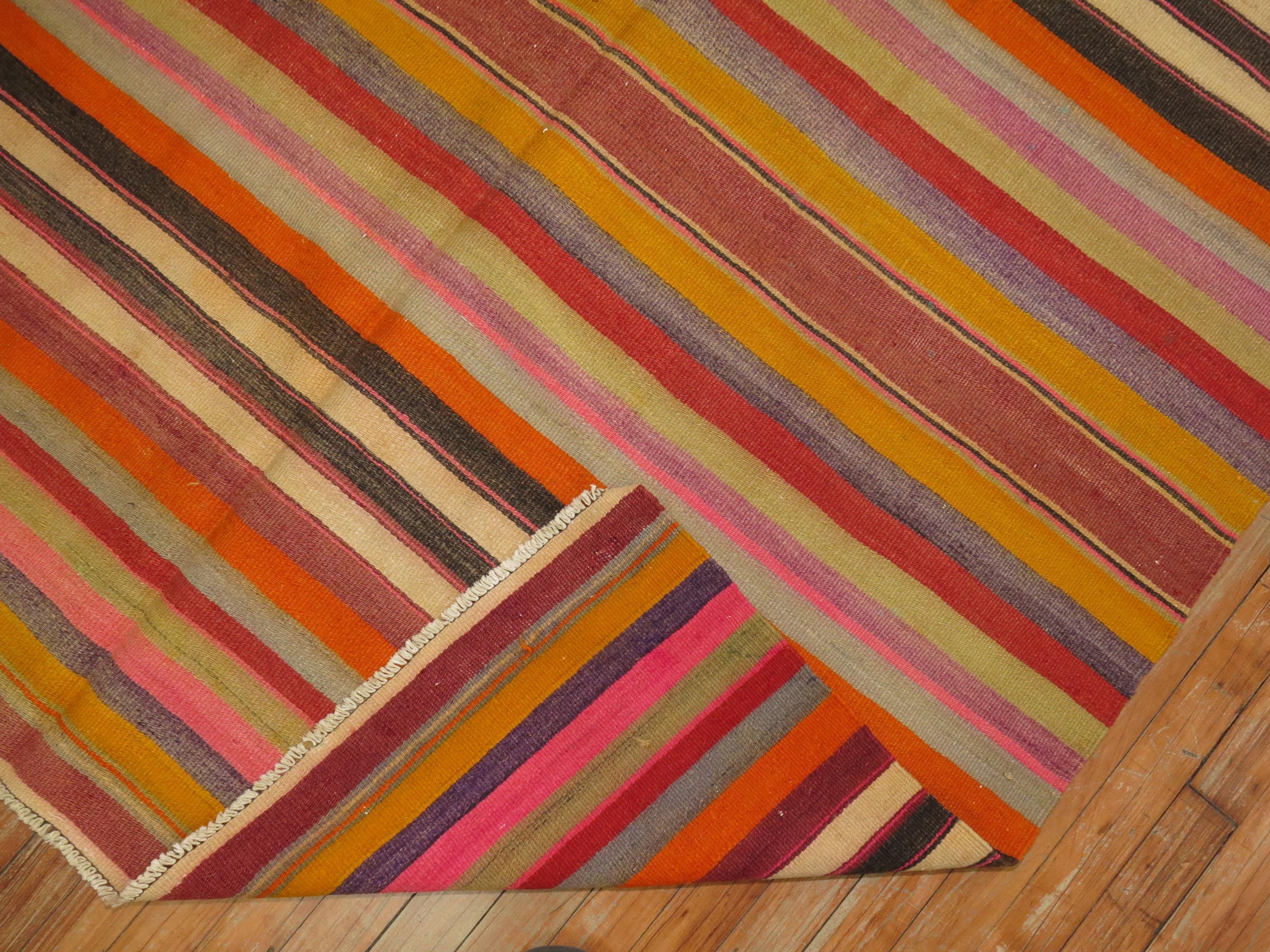 Hand-Woven Rainbow Color Striped Turkish Kilim For Sale