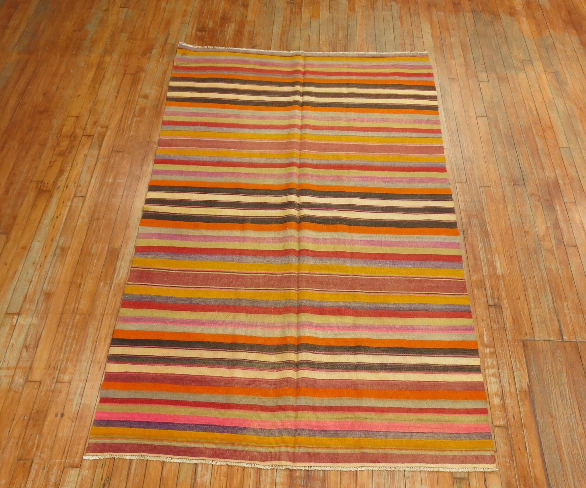 Wool Rainbow Color Striped Turkish Kilim For Sale