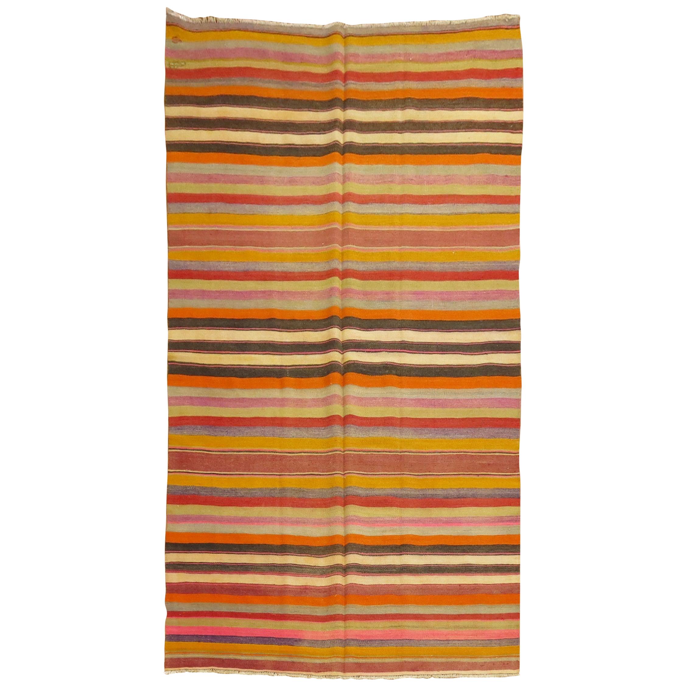 Rainbow Color Striped Turkish Kilim For Sale