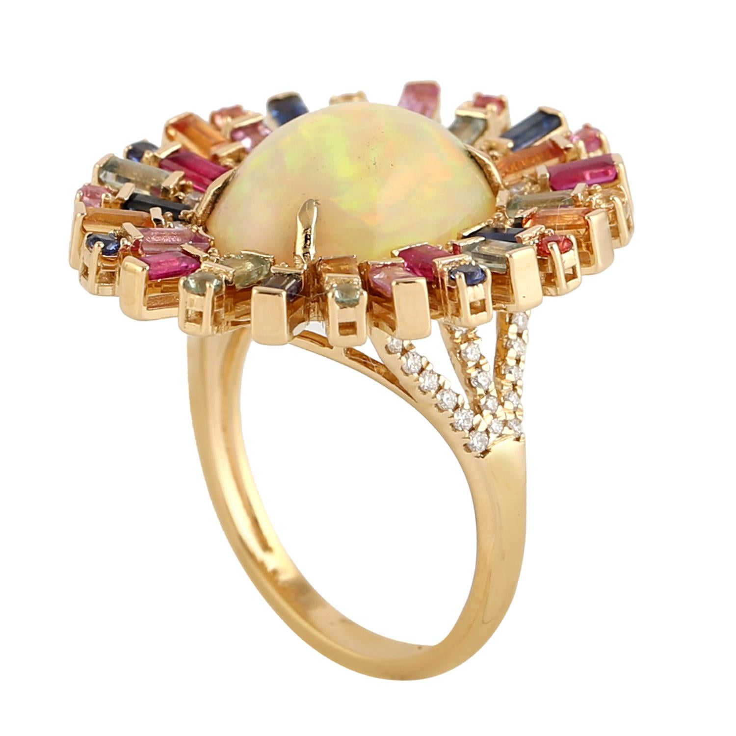 Artisan Rainbow Colored Ethiopian Opal & Sapphire Ring with Diamonds in 18k Yellow Gold For Sale