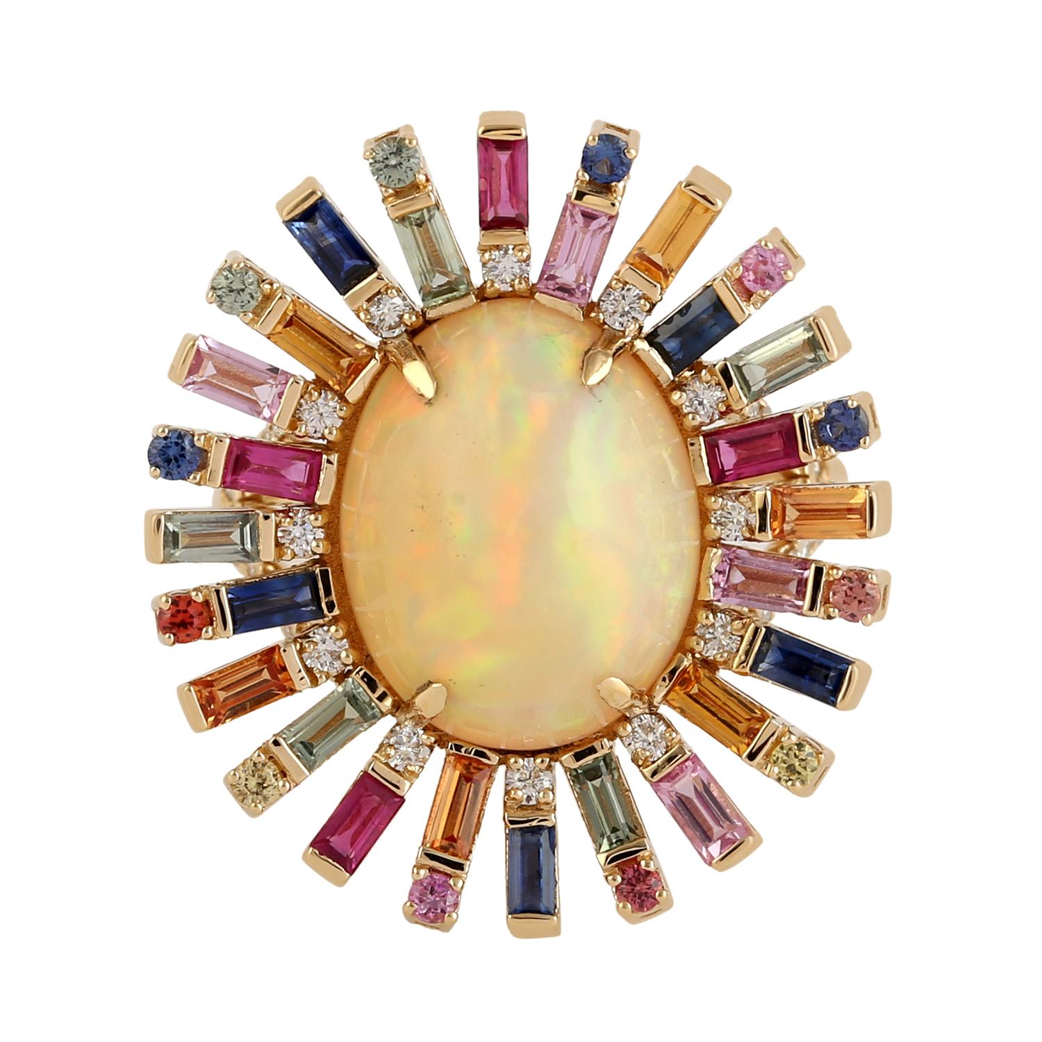 Mixed Cut Rainbow Colored Ethiopian Opal & Sapphire Ring with Diamonds in 18k Yellow Gold For Sale