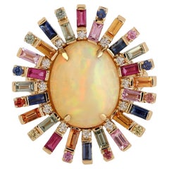 Rainbow Colored Ethiopian Opal & Sapphire Ring with Diamonds in 18k Yellow Gold