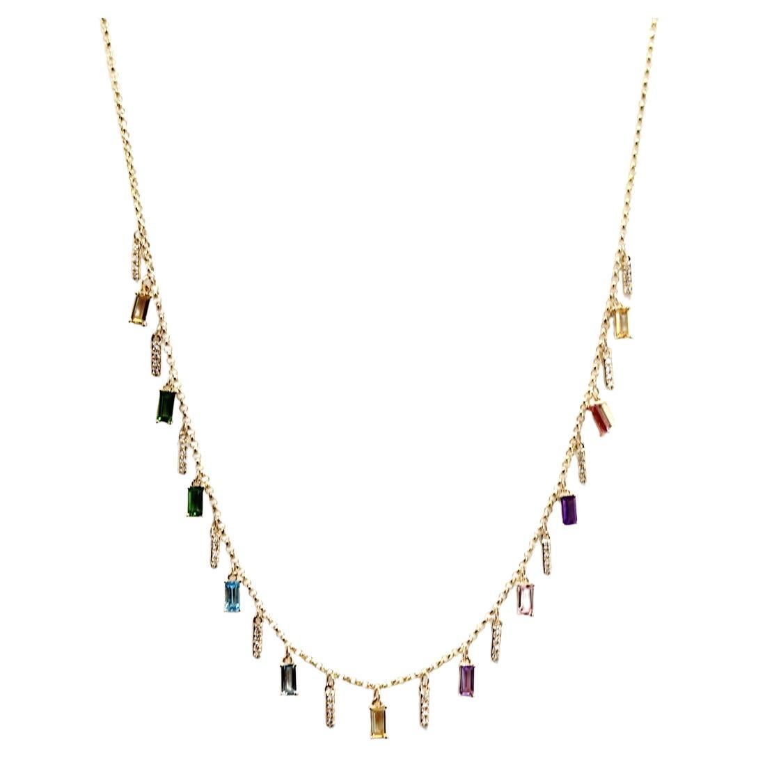 Contemporary Rainbow Colorful 14K Yellow Gold Layering Necklace with Dangling Gemstones For Sale