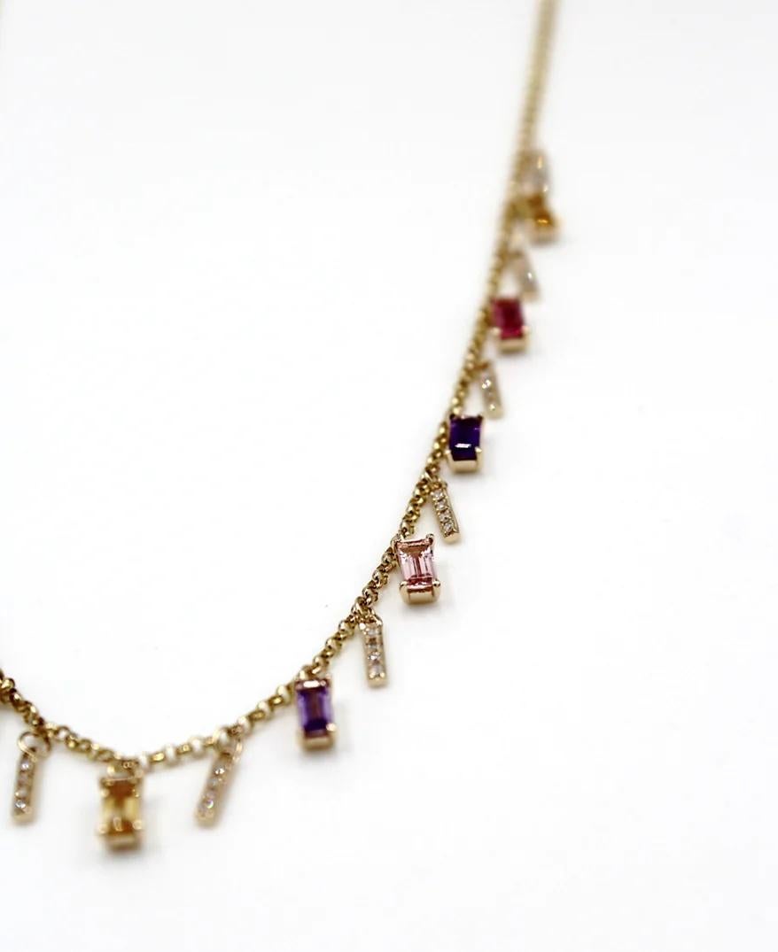 Baguette Cut Rainbow Colorful 14K Yellow Gold Layering Necklace with Dangling Gemstones For Sale