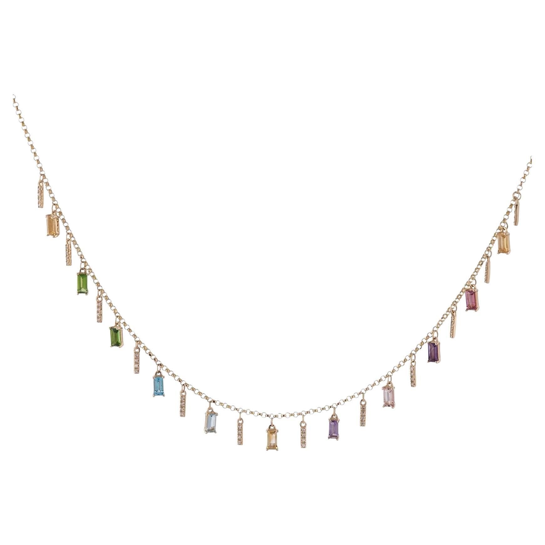 Rainbow Colorful 14K Yellow Gold Layering Necklace with Dangling Gemstones