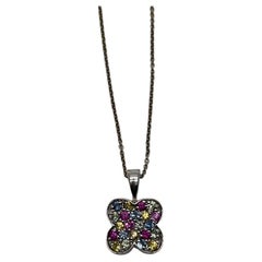 Rainbow Colorful Gemstones Pave 14K White Gold Pendant Necklace