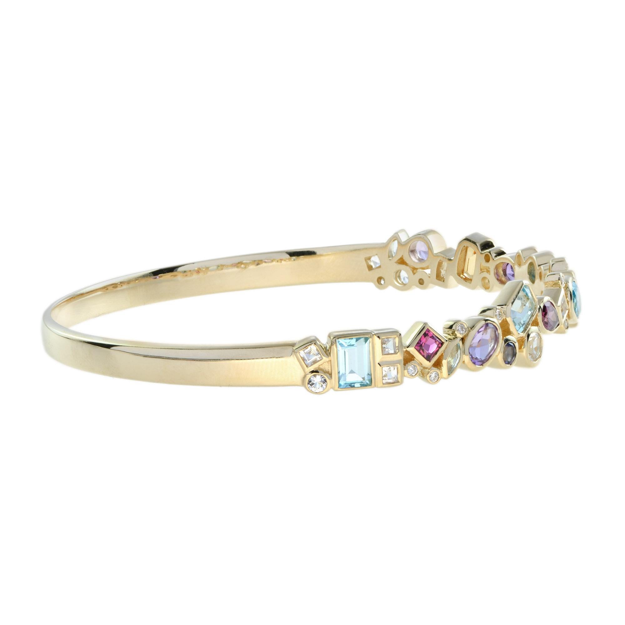 Taille mixte Rainbow Colorful Multi Gemstones Cuff 14K Yellow Gold Bangle Bracelet en vente