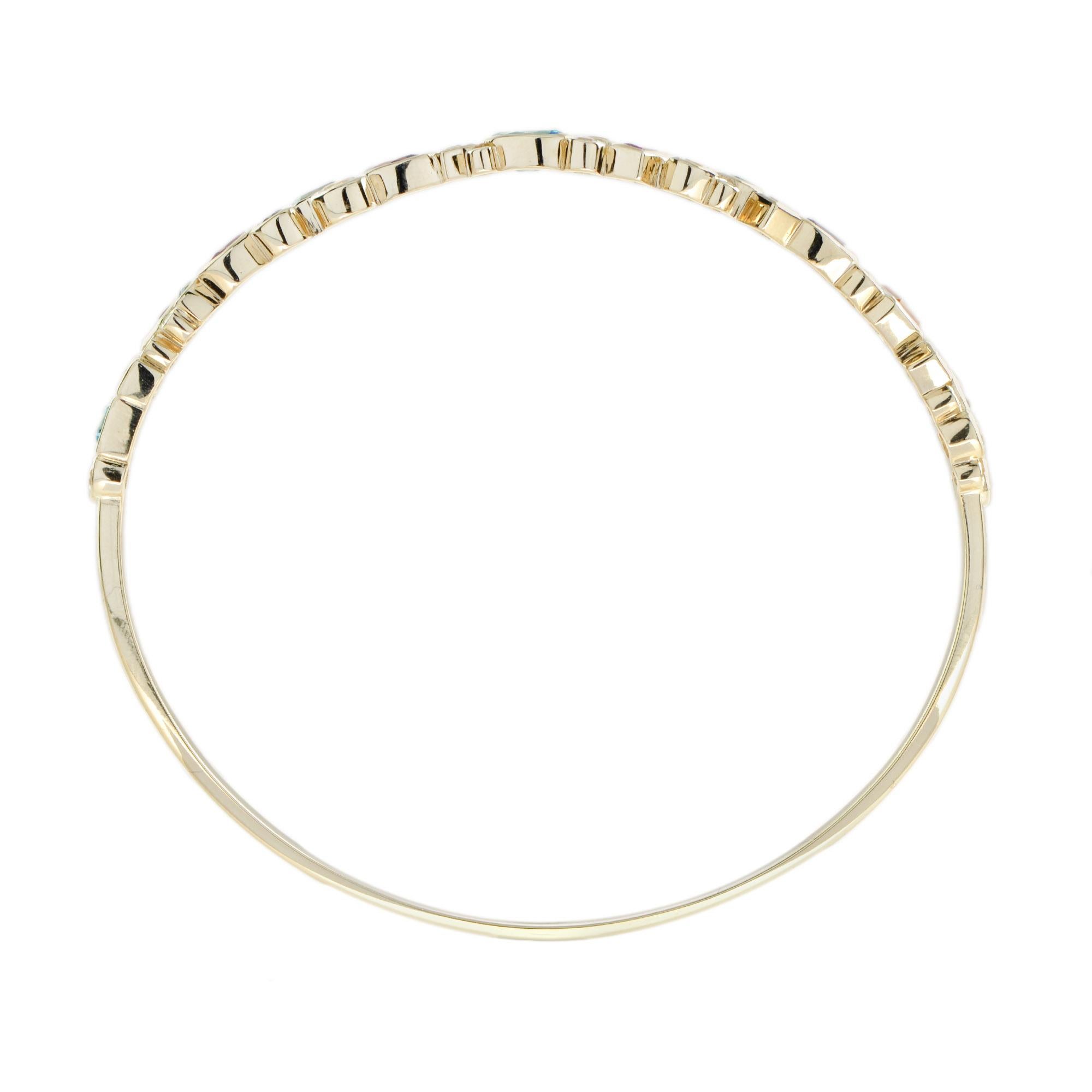 Rainbow Colorful Multi Gemstones Cuff 14K Yellow Gold Bangle Bracelet Pour femmes en vente