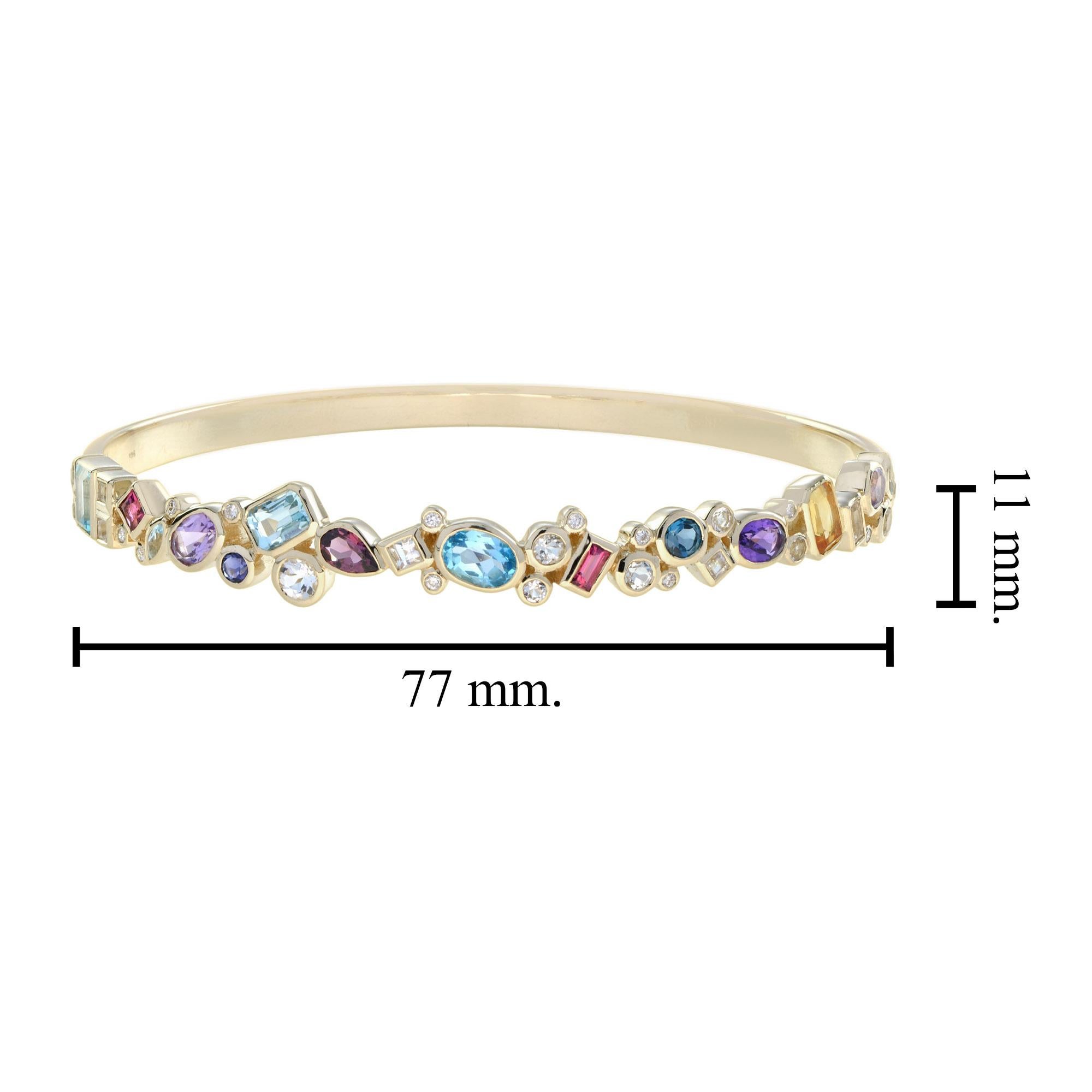 Rainbow Colorful Multi Gemstones Cuff 14K Yellow Gold Bangle Bracelet en vente 1