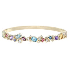 Rainbow Colorful Multi Gemstones Cuff 14K Yellow Gold Bangle Bracelet