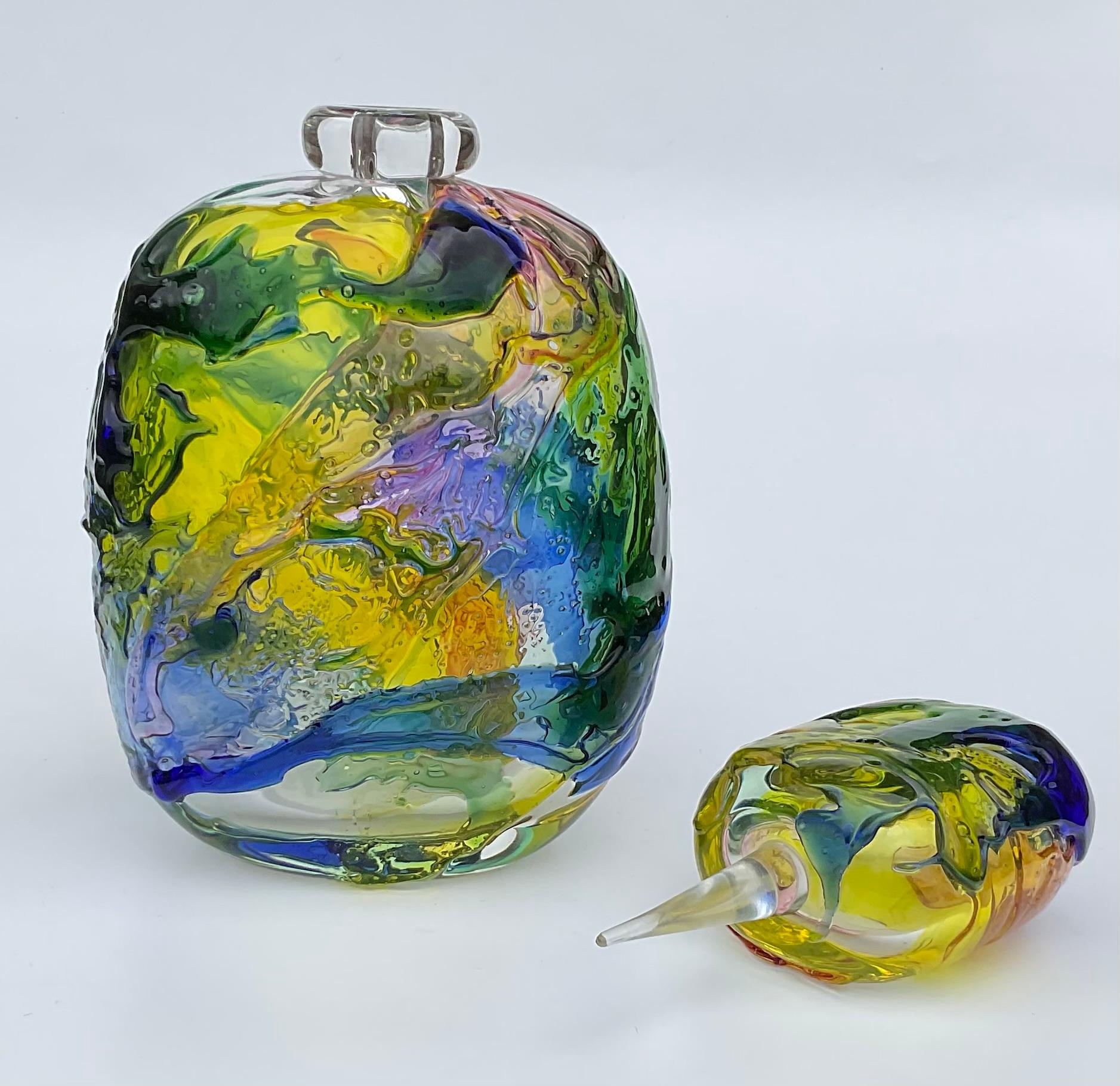Italian Rainbow colors Murano Artist Signed Art Glass Decanter circa 1980’s  For Sale