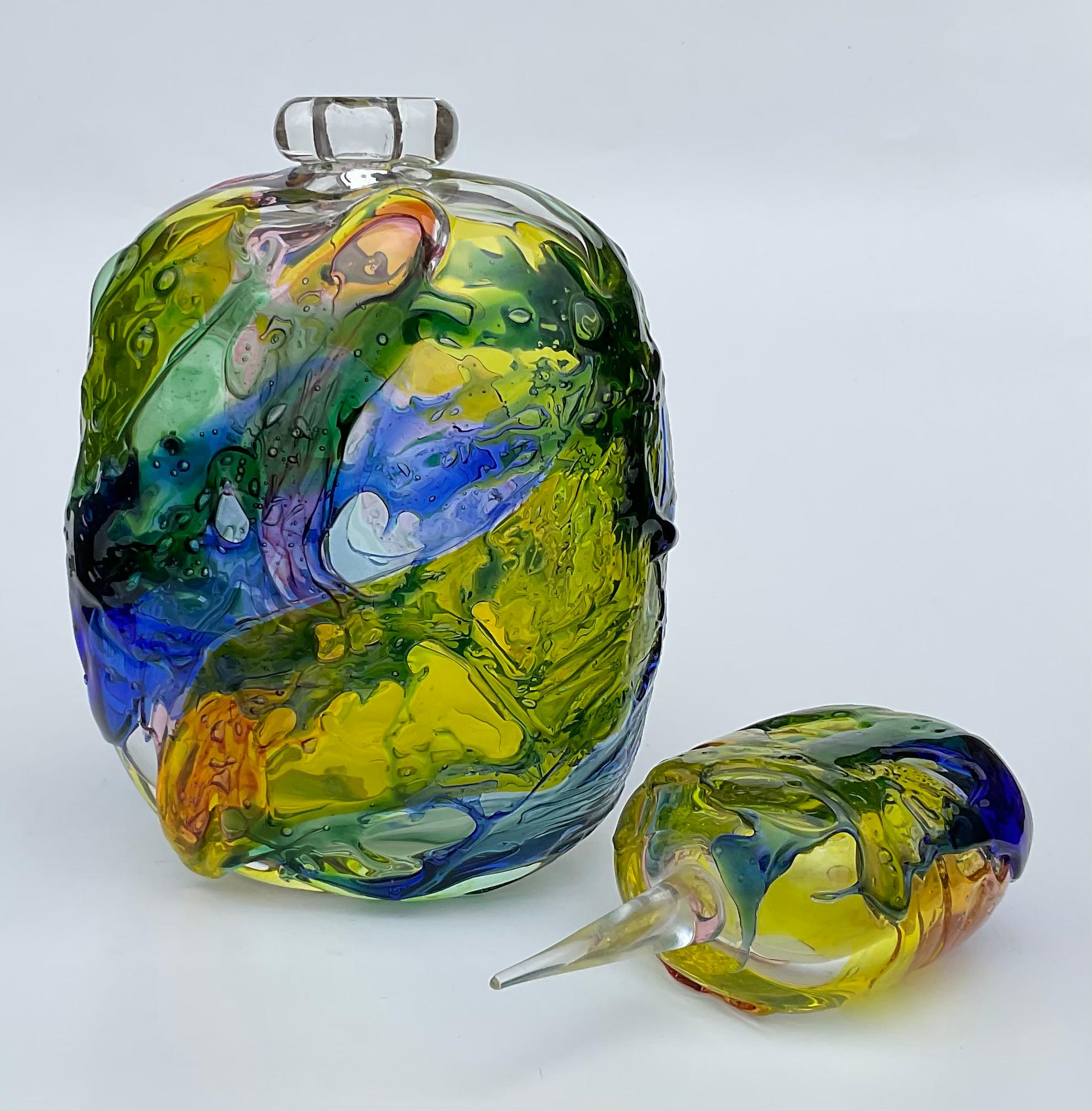 Rainbow colors Murano Artist Signed Art Glass Decanter circa 1980’s  In Good Condition For Sale In Ann Arbor, MI