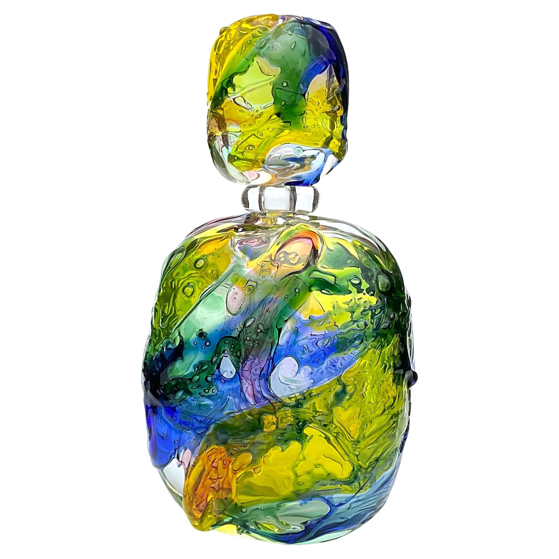 Rainbow colors Murano Artist Signed Art Glass Decanter circa 1980’s  For Sale