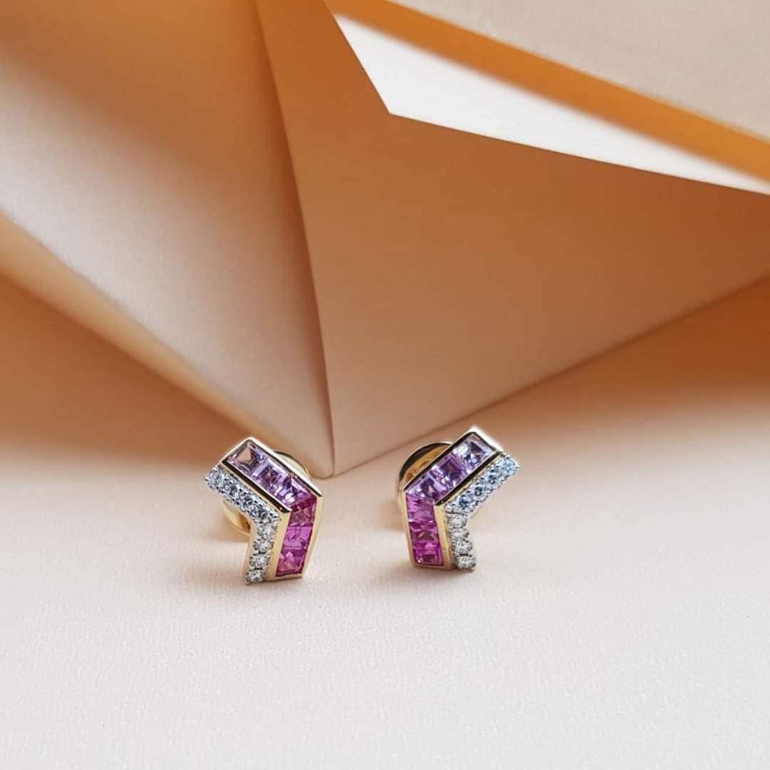 Princess Cut Rainbow Colour Sapphire and Diamond Earrings in 18K Gold Settings For Sale