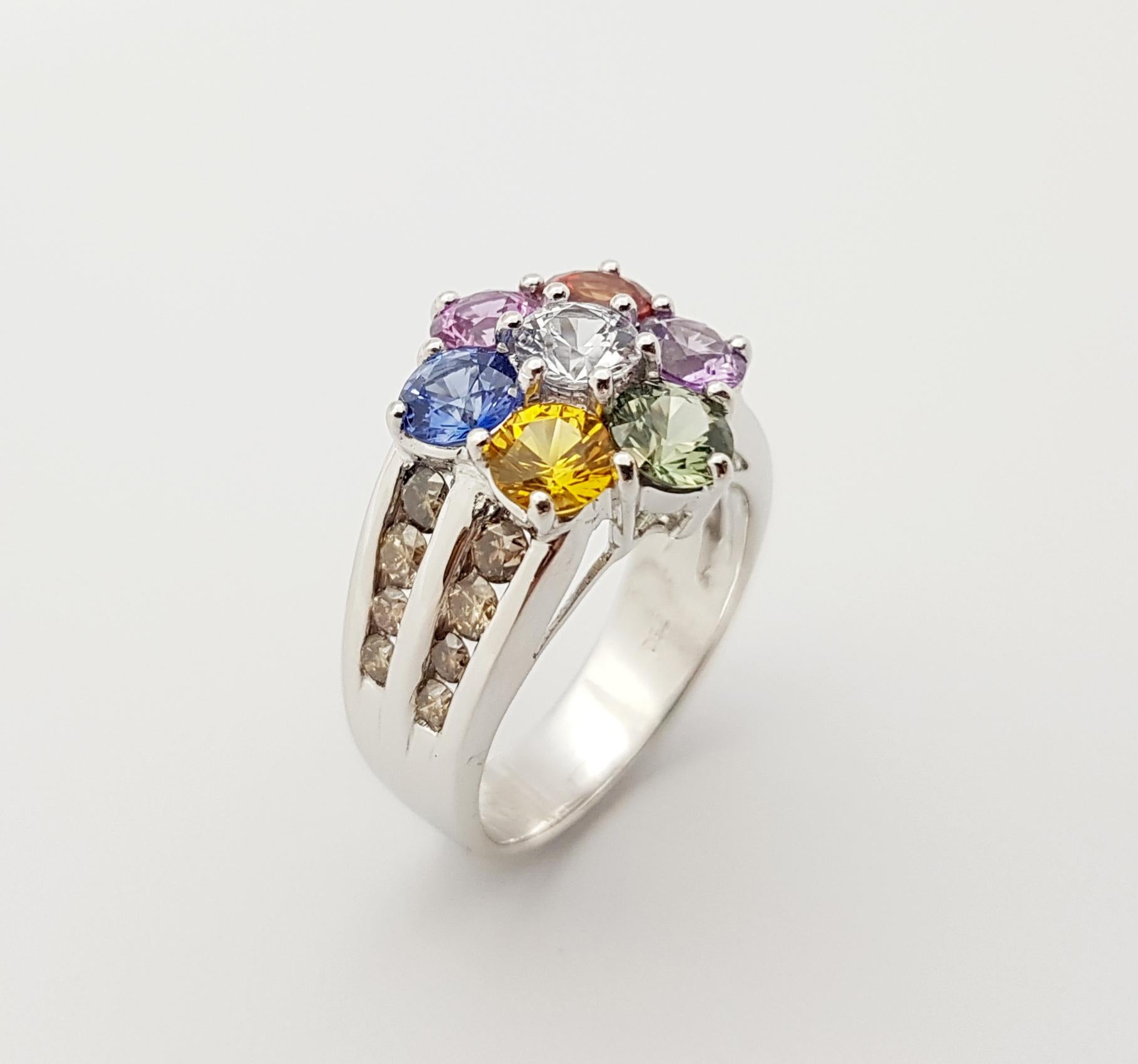 Rainbow Color Sapphire with Brown Diamond Ring Set in 18 Karat White Gold Set For Sale 2