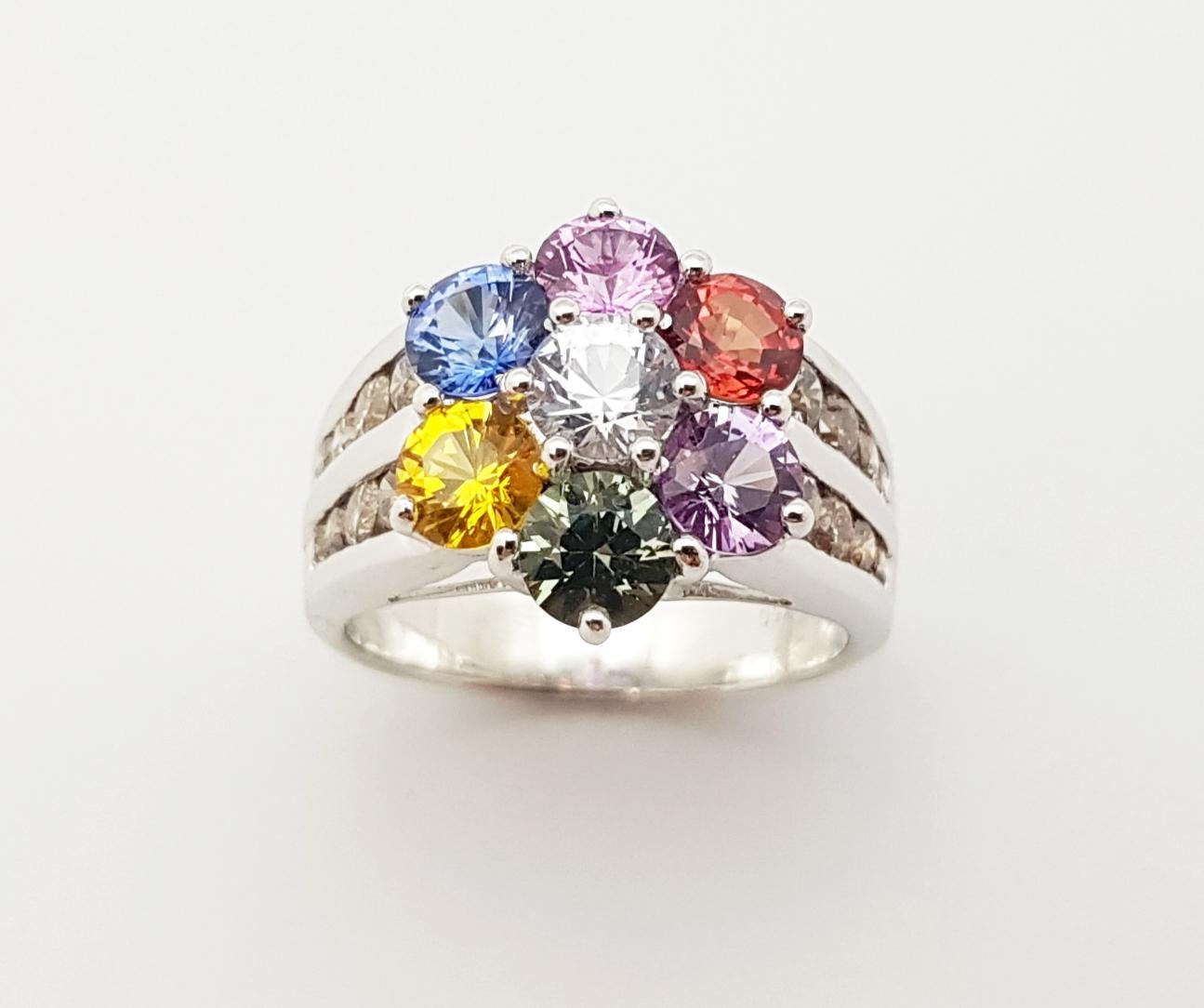 Rainbow Color Sapphire with Brown Diamond Ring Set in 18 Karat White Gold Set For Sale 3