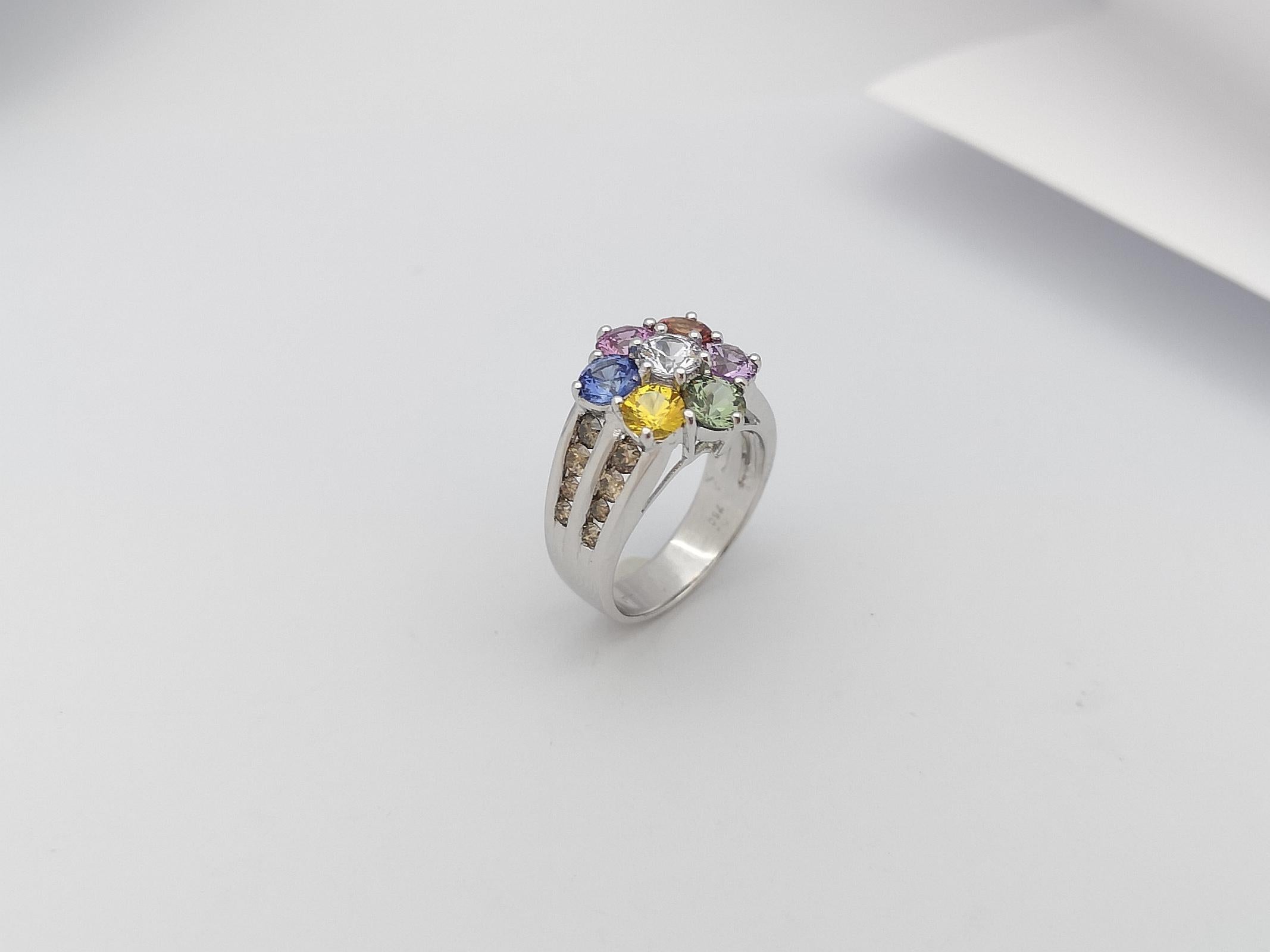 Rainbow Color Sapphire with Brown Diamond Ring Set in 18 Karat White Gold Set For Sale 5
