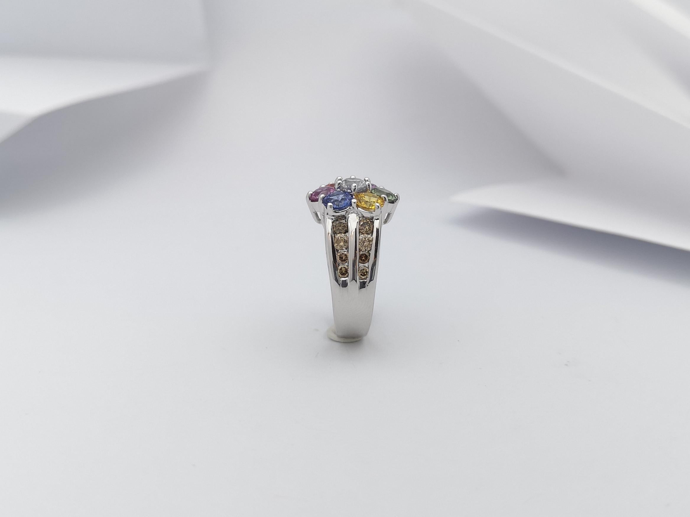 Rainbow Color Sapphire with Brown Diamond Ring Set in 18 Karat White Gold Set For Sale 7