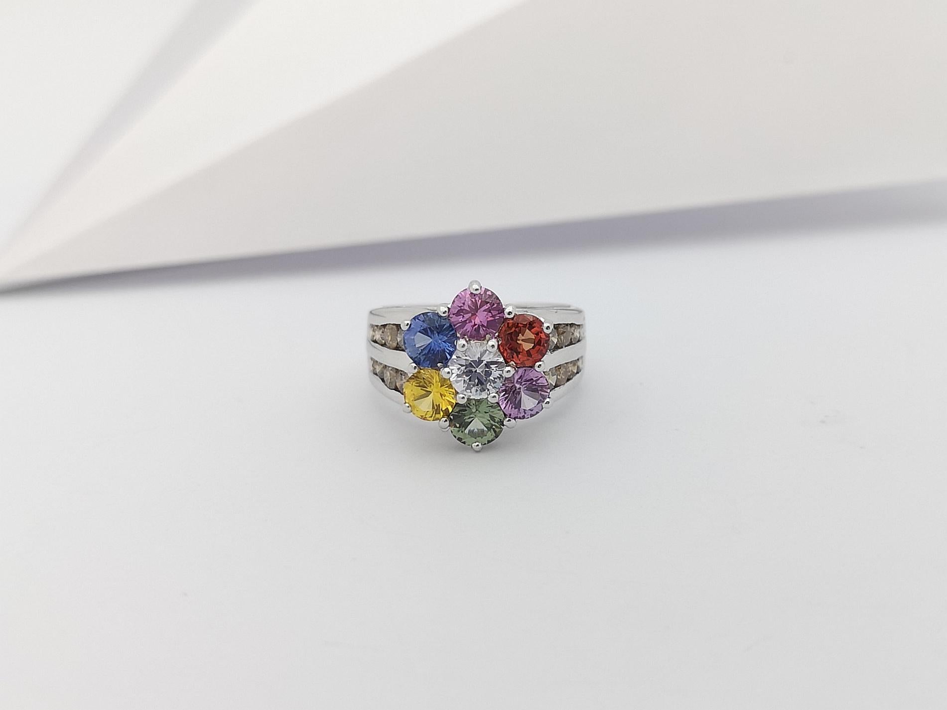 Women's Rainbow Color Sapphire with Brown Diamond Ring Set in 18 Karat White Gold Set For Sale