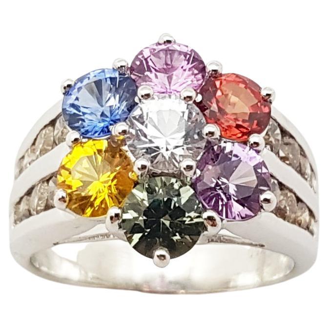 Rainbow Color Sapphire with Brown Diamond Ring Set in 18 Karat White Gold Set For Sale