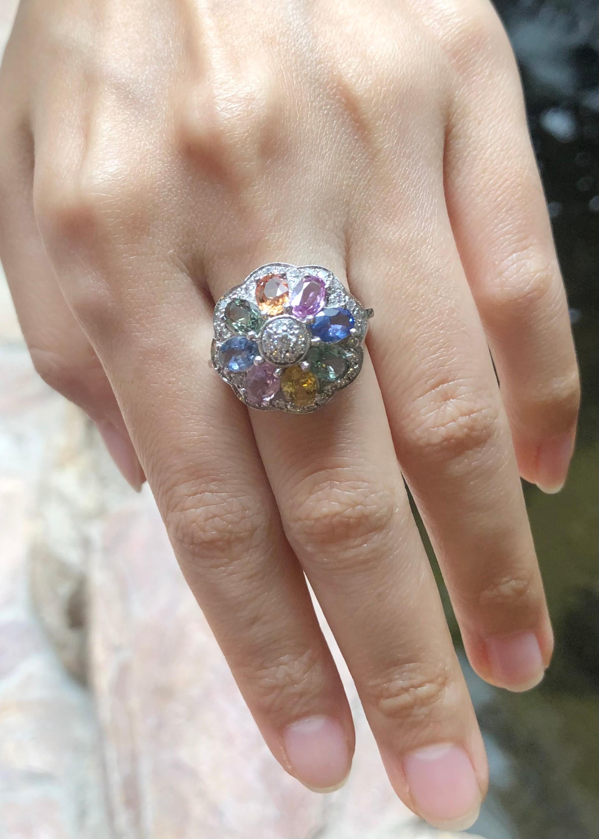Contemporary Rainbow Colour Sapphire with Cubic Zirconia Ring set in Silver Settings For Sale