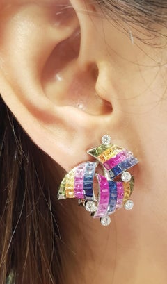 Rainbow Colour Sapphire with Diamond Earrings in 18 Karat White Gold Settings