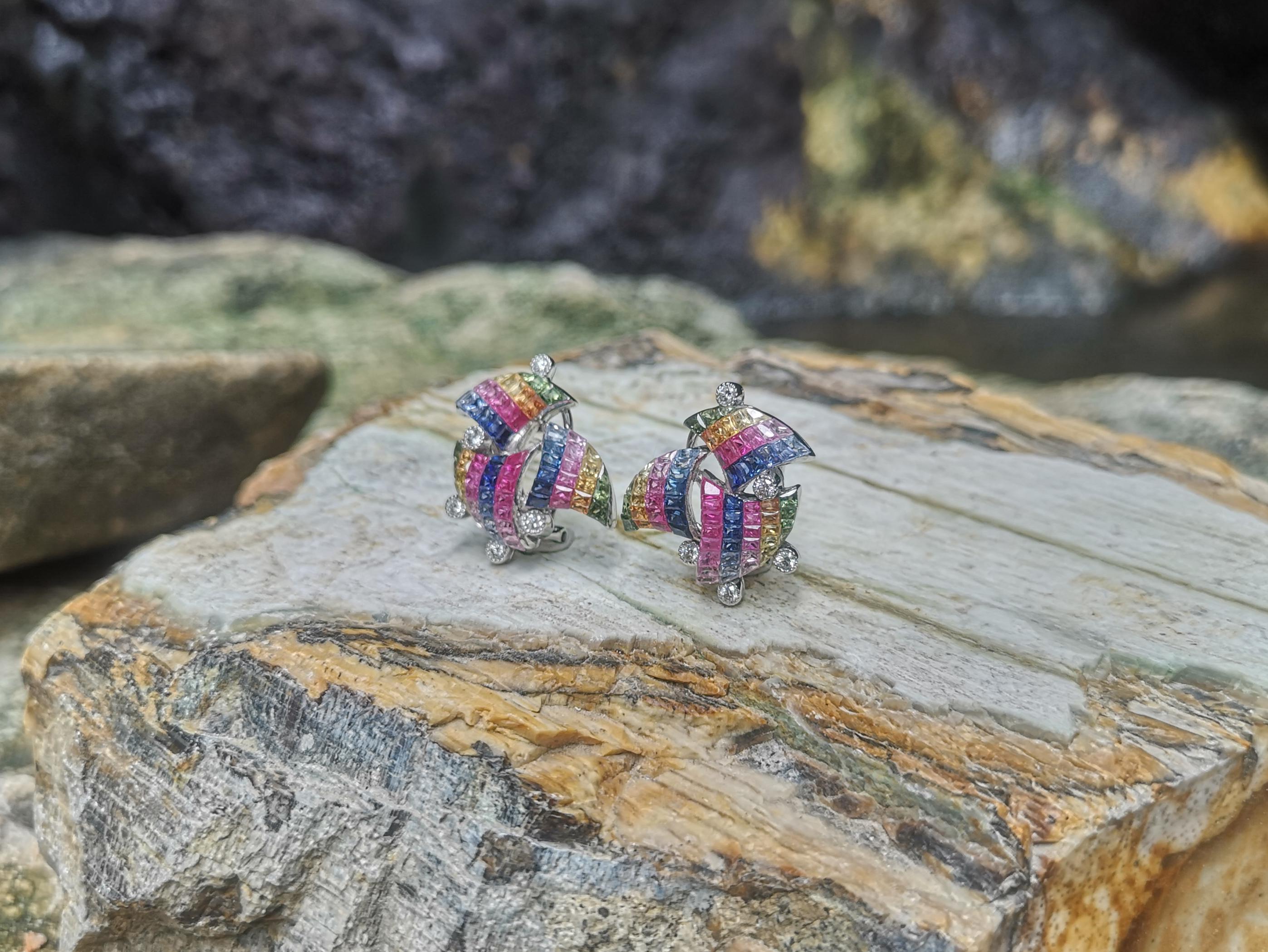 Regenbogenfarbene Saphir-Ohrringe mit Diamant in 18 Karat Weißgoldfassung (Carréschliff) im Angebot