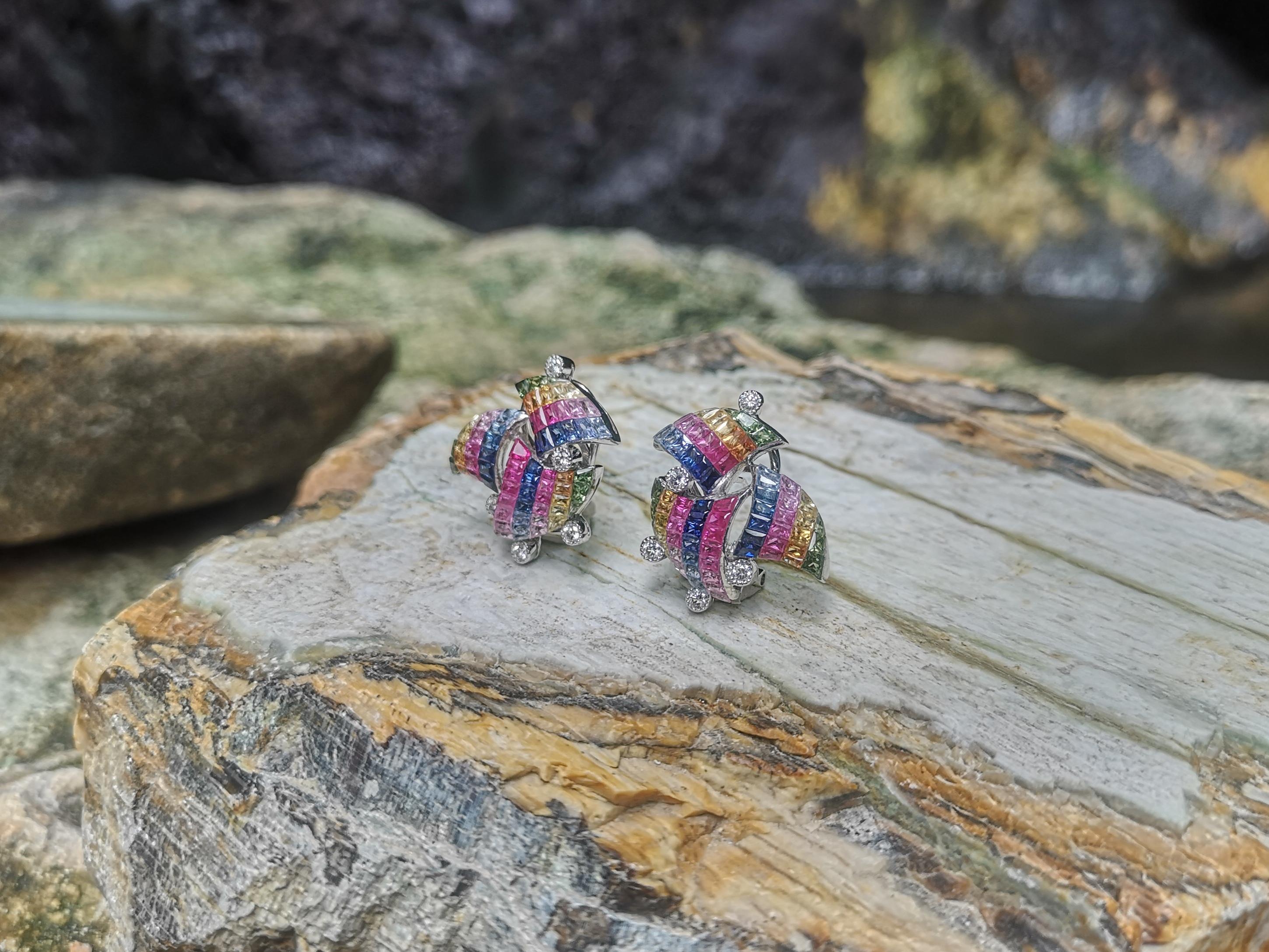 Contemporary Rainbow Colour Sapphire with Diamond Earrings in 18 Karat White Gold Settings For Sale